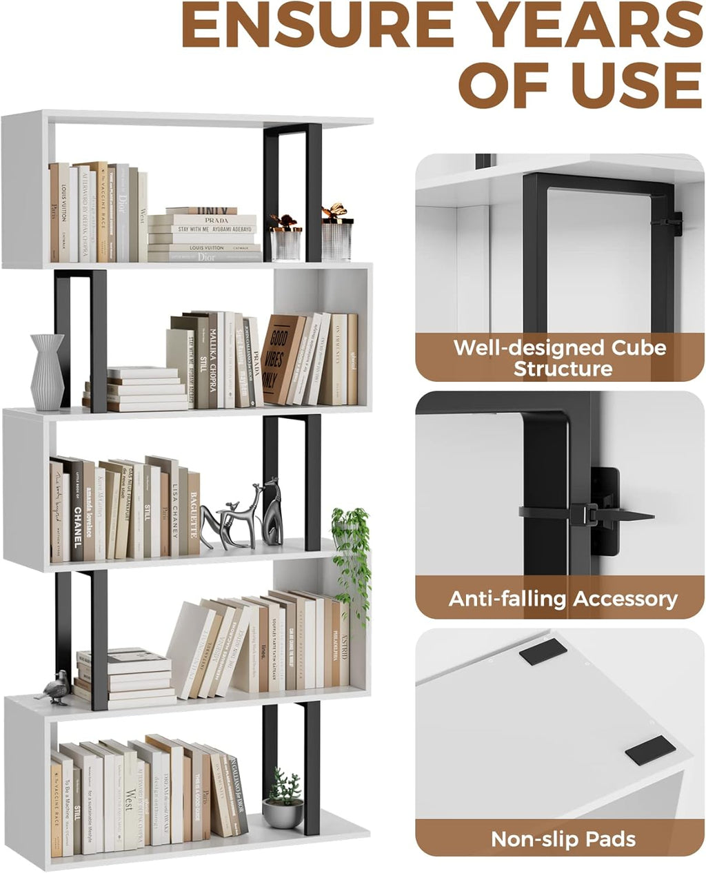 Gadroad 5 Tier Geometric Bookcase,S Shaped Bookshelf, Wood Decorative Storage Shelving, Modern Freestanding Display Shelves, Tall Book Shelf Unit for Living Room Bedroom, White