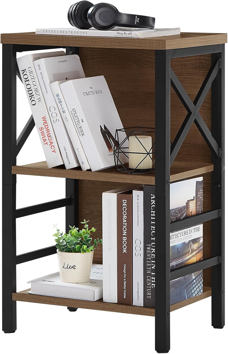 MNEETRUNG Small Bookshelf,3 Tier Industrial Bookcase with Metal Frame and Backboard,Low Rustic Brown Book Shelf,Book case for Small Spaces,Living Room,Bedroom and Home Office