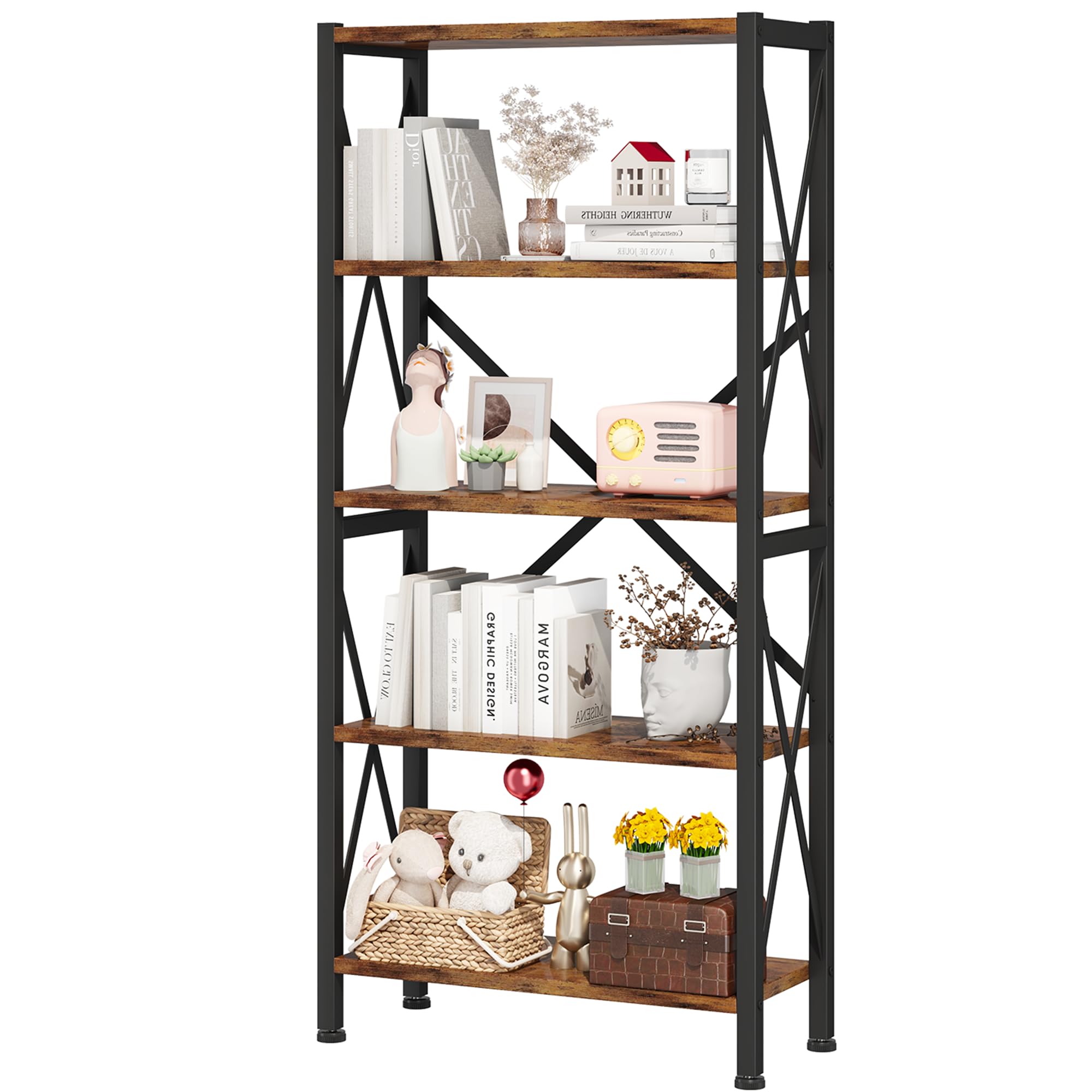 Homeiju Bookshelf, 3 Tier Industrial Bookcase, Metal Small Bookcase, Rustic Etagere Book Shelf Storage Organizer for Living Room, Bedroom, and Home Office(Rustic Brown) Patent Pending D29873033