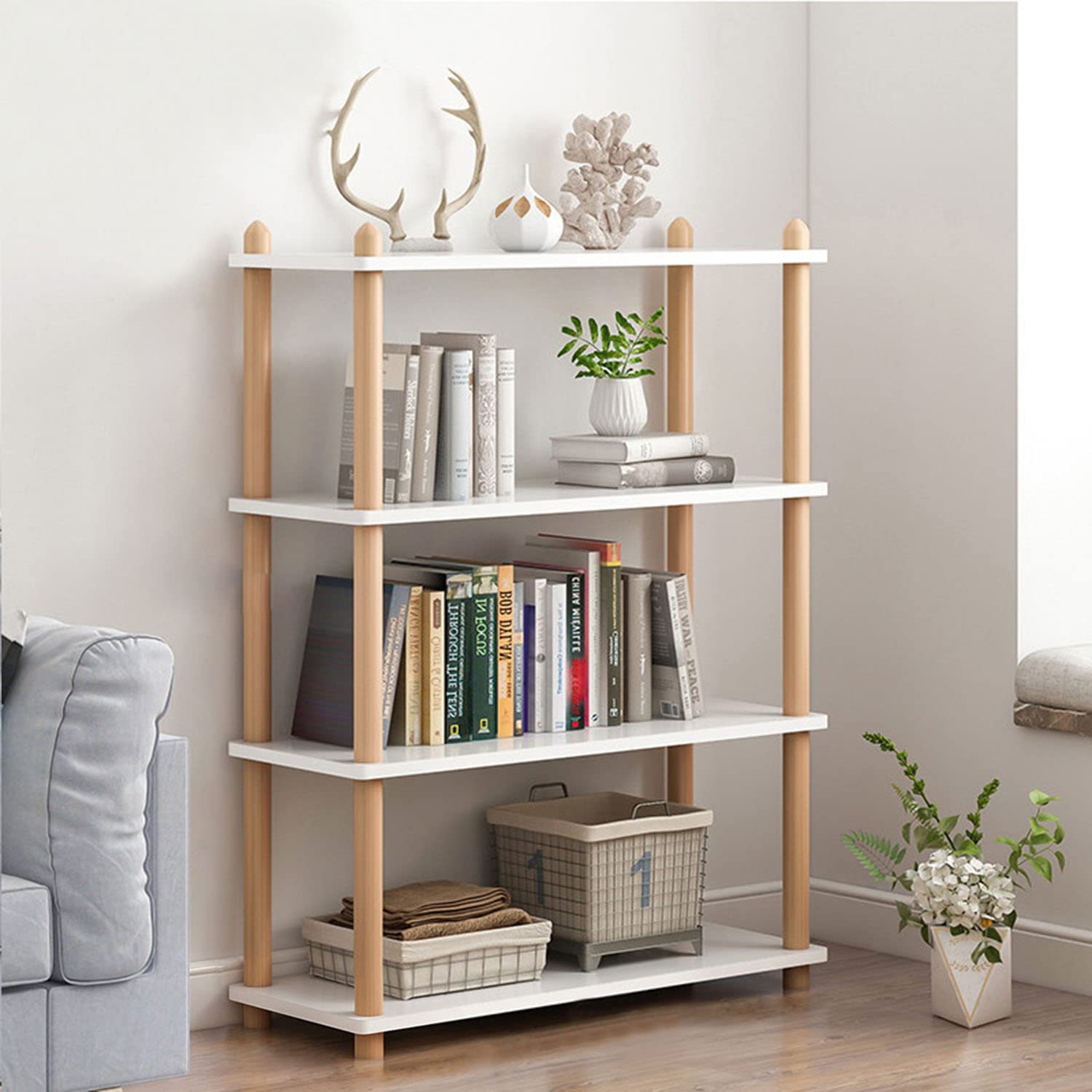 IOTXY 5-Tier Wooden Shelf Bookcase - Modern Open Bookshelf, Free Standing Storage Rack, Multifunctional Display Stand for Home and Office, White, Rectangle