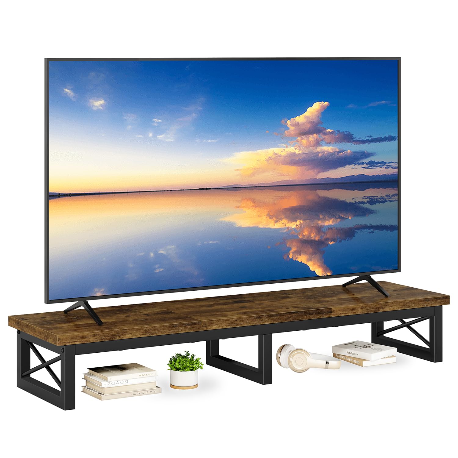 IBUYKE 45" Large TV Riser for 32-60 inch TV,Tabletop Short TV Stand with Storage and Steel Legs,Dual Screen Office Desk,Stand Riser,TV Riser Stand for Home,Bedroom,Living Room,Rustic Brown TVT002H