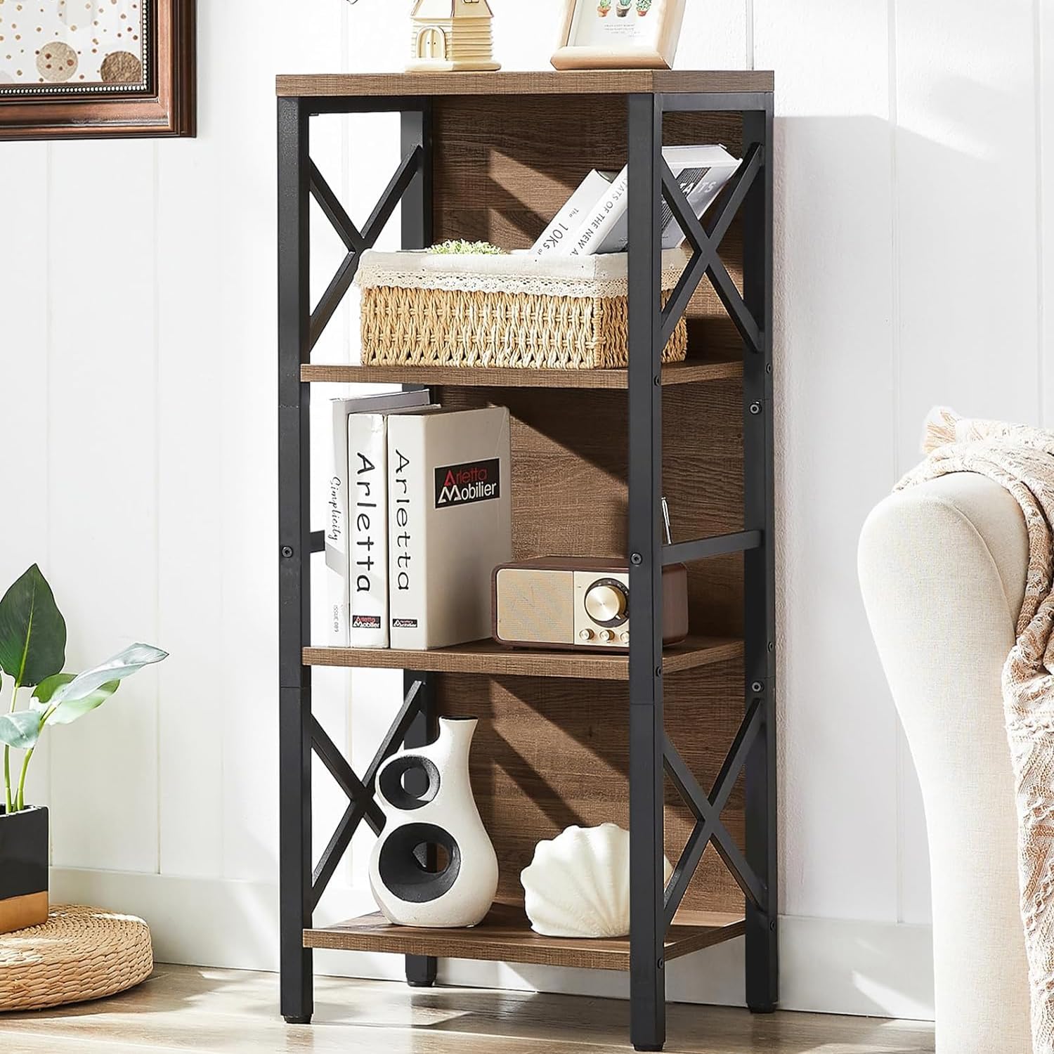 MNEETRUNG Small Bookshelf,3 Tier Industrial Bookcase with Metal Frame and Backboard,Low Rustic Brown Book Shelf,Book case for Small Spaces,Living Room,Bedroom and Home Office