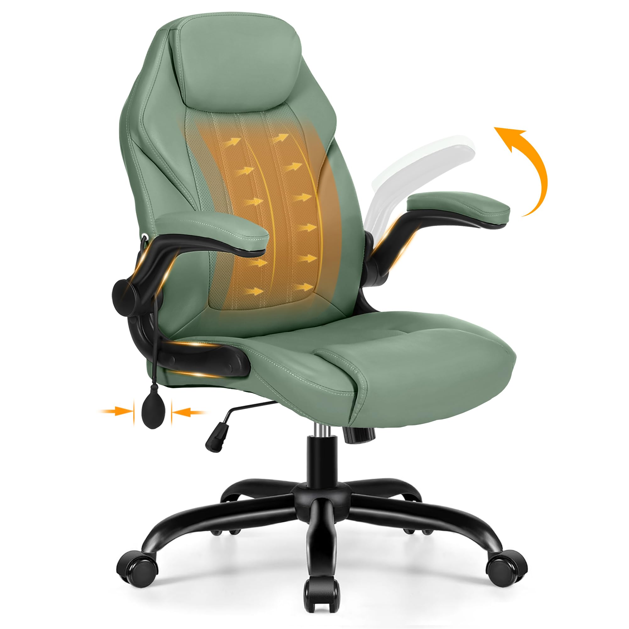 Office Desk Chair, Ergonomic Computer Chair with Padded Flip-Up Arms and Adjustable Lumbar Support, PU Leather Executive Chair with Tilt Lock and 360° Swivel Rolling Wheels for Work, Study