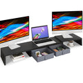 TEAMIX Dual Monitor Stand Riser - Length and Angle Adjustable White Monitor Stand with 2 Drawers to Storage Large Computer Riser for 2 Monitors/Laptop/PC, Wood Screen/TV Stand Desk Organizer (Brown)