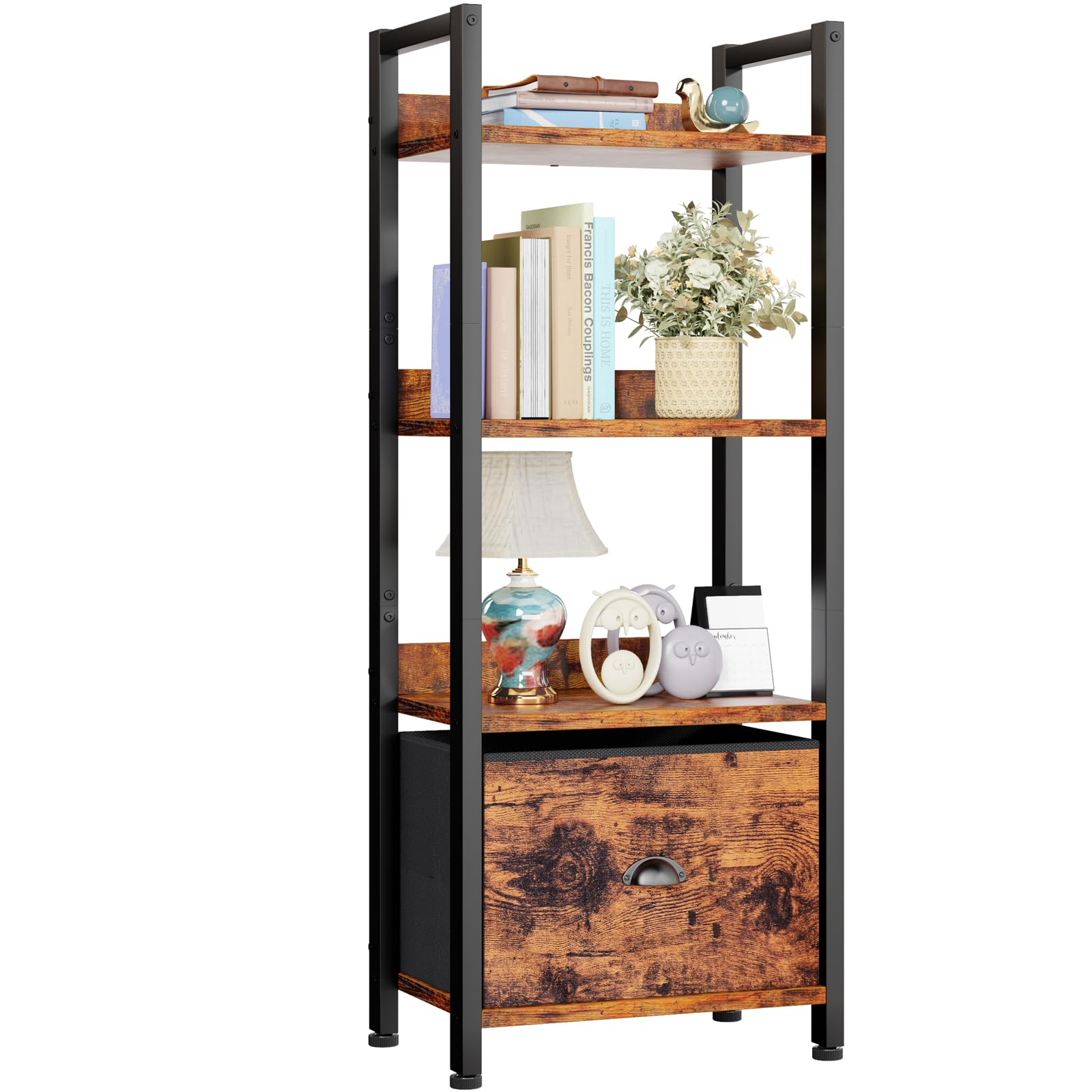 Furologee 5 Tier Bookshelf with Drawer, Tall Narrow Bookcase with Shelves, Wood and Metal Bookshelves Storage Organizer, Industrial Display Standing Shelf Unit for Bedroom, Living Room, Rustic Brown