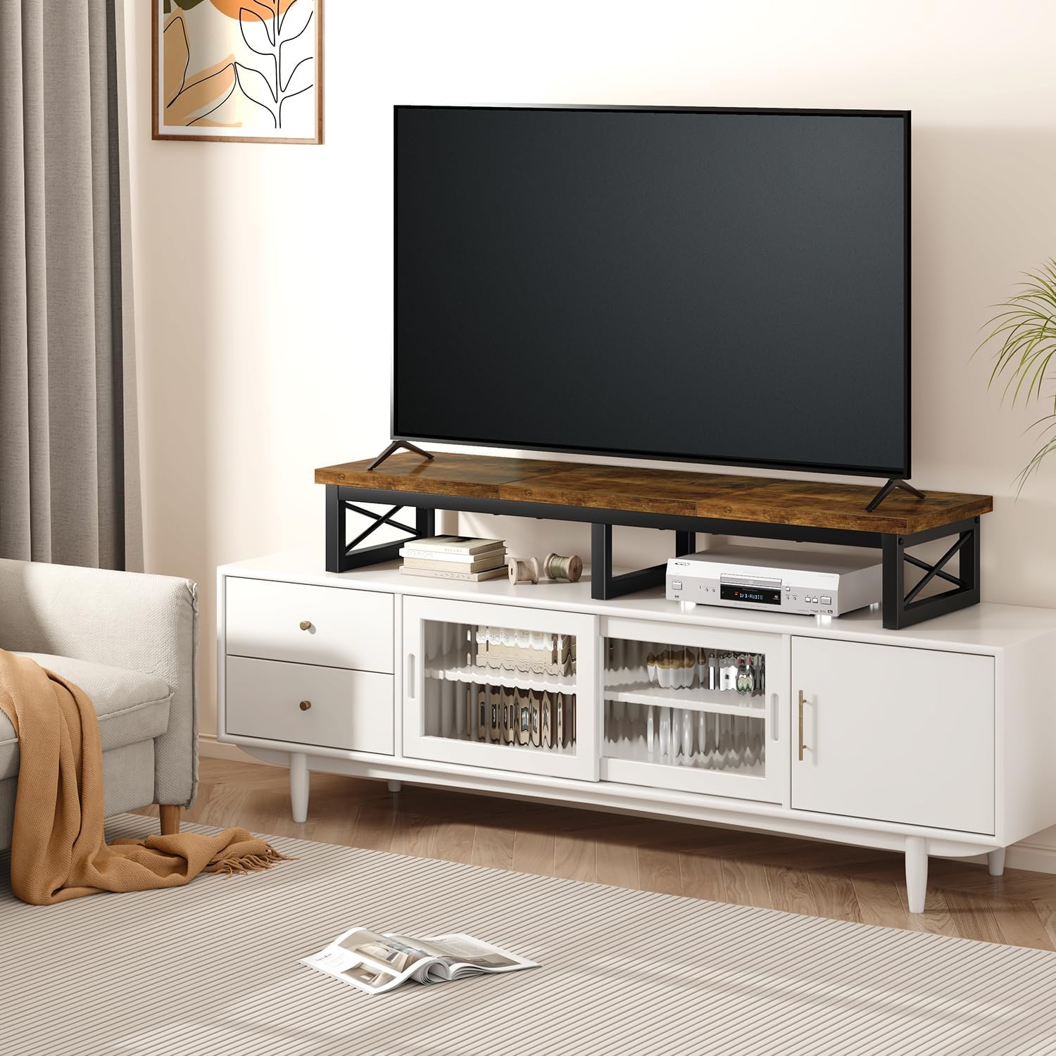 IBUYKE 45" Large TV Riser for 32-60 inch TV,Tabletop Short TV Stand with Storage and Steel Legs,Dual Screen Office Desk,Stand Riser,TV Riser Stand for Home,Bedroom,Living Room,Rustic Brown TVT002H