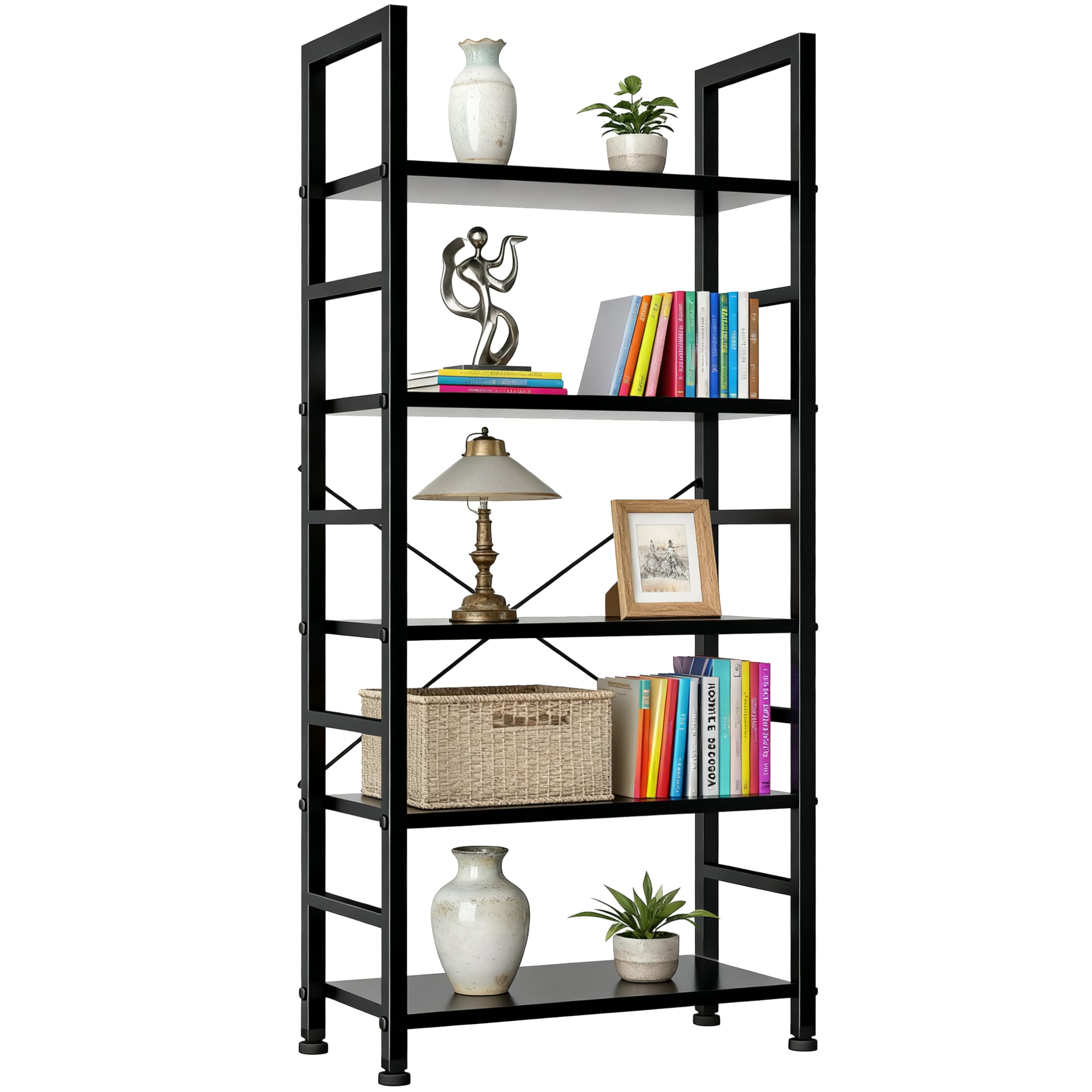 5 Tier Bookshelf, Free Standing Wooden Bookcase with Open Storage Shelves with Metal Frame, Sturdy Shelf Organization Display Rack for Living Room, Bedroom, Home Office, 62.2" Tall, Brown