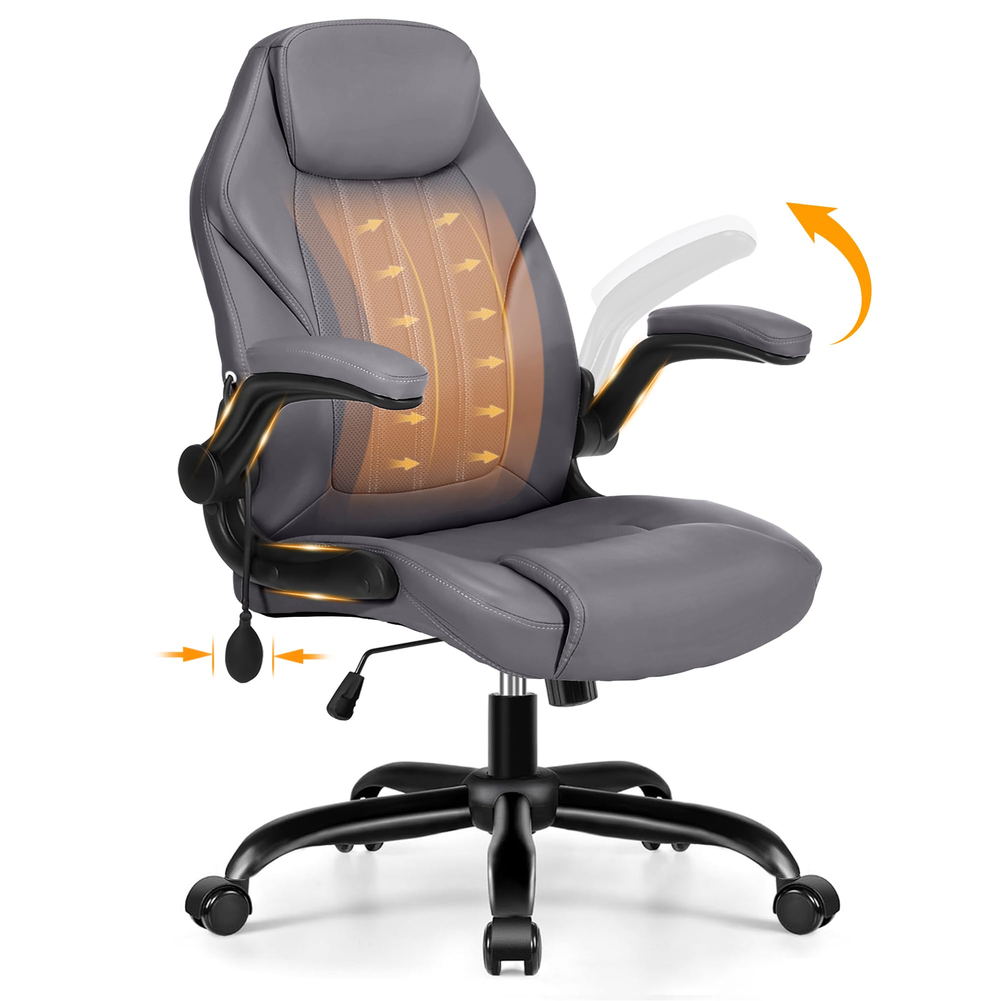Office Desk Chair, Ergonomic Computer Chair with Padded Flip-Up Arms and Adjustable Lumbar Support, PU Leather Executive Chair with Tilt Lock and 360° Swivel Rolling Wheels for Work, Study