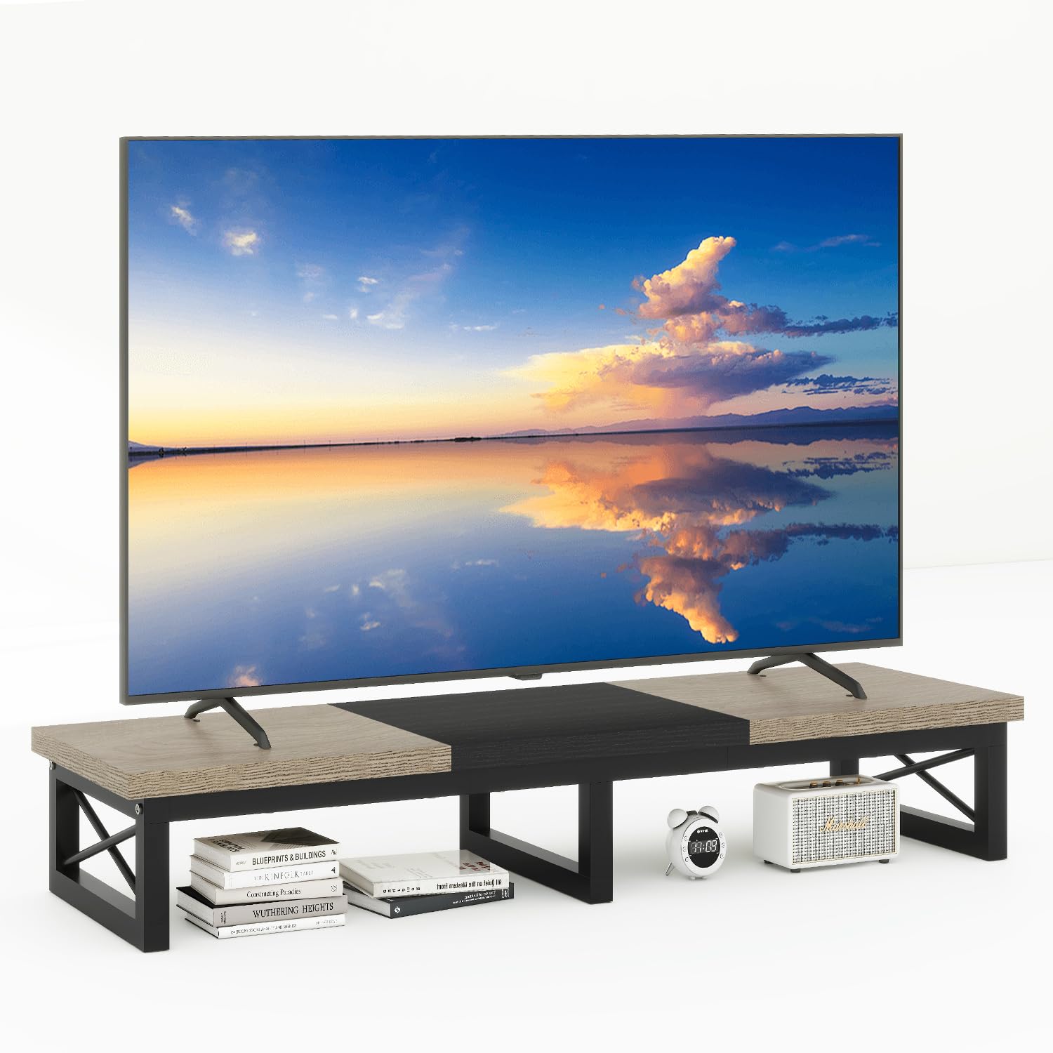 IBUYKE 45" Large TV Riser for 32-60 inch TV,Tabletop Short TV Stand with Storage and Steel Legs,Dual Screen Office Desk,Stand Riser,TV Riser Stand for Home,Bedroom,Living Room,Rustic Brown TVT002H