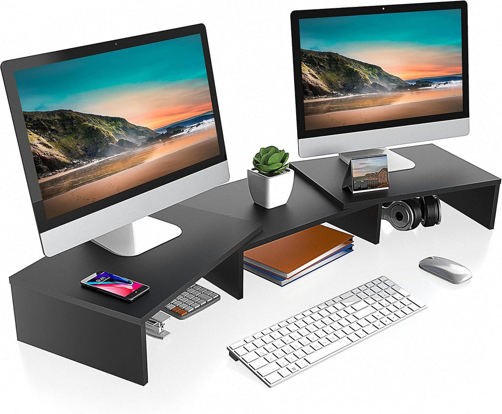 FITUEYES Dual Monitor Stand – 3 Shelf Computer Monitor Riser, Wood Desktop Stand with Adjustable Length and Angle, Desk Accessories, Office Supplies Medium Brown, DT108002WB