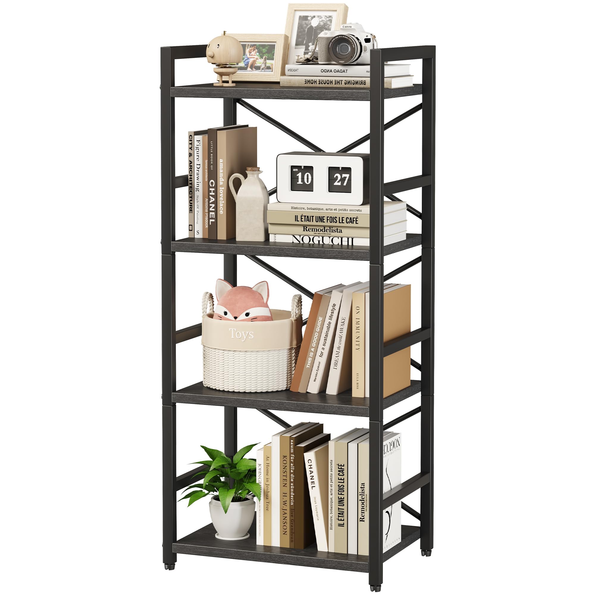Homeiju Bookshelf, 3 Tier Industrial Bookcase, Metal Small Bookcase, Rustic Etagere Book Shelf Storage Organizer for Living Room, Bedroom, and Home Office(Rustic Brown) Patent Pending D29873033
