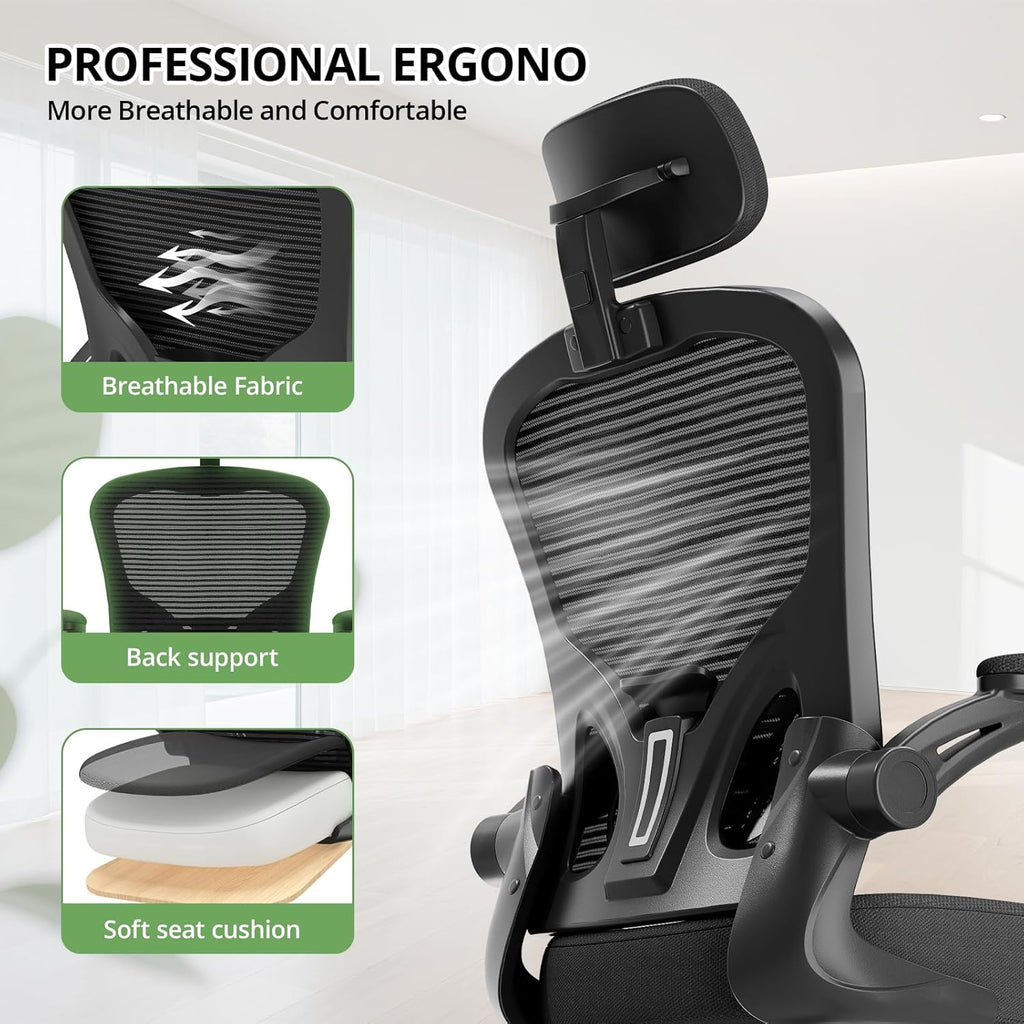 Office Chair Ergonomic Desk Chair, 330LBS Capacity, High Back Computer Chair for Long Hours Comfortable, Rolling Swivel Executive Task Chair for Home Office with Flip-up Armrests, Black