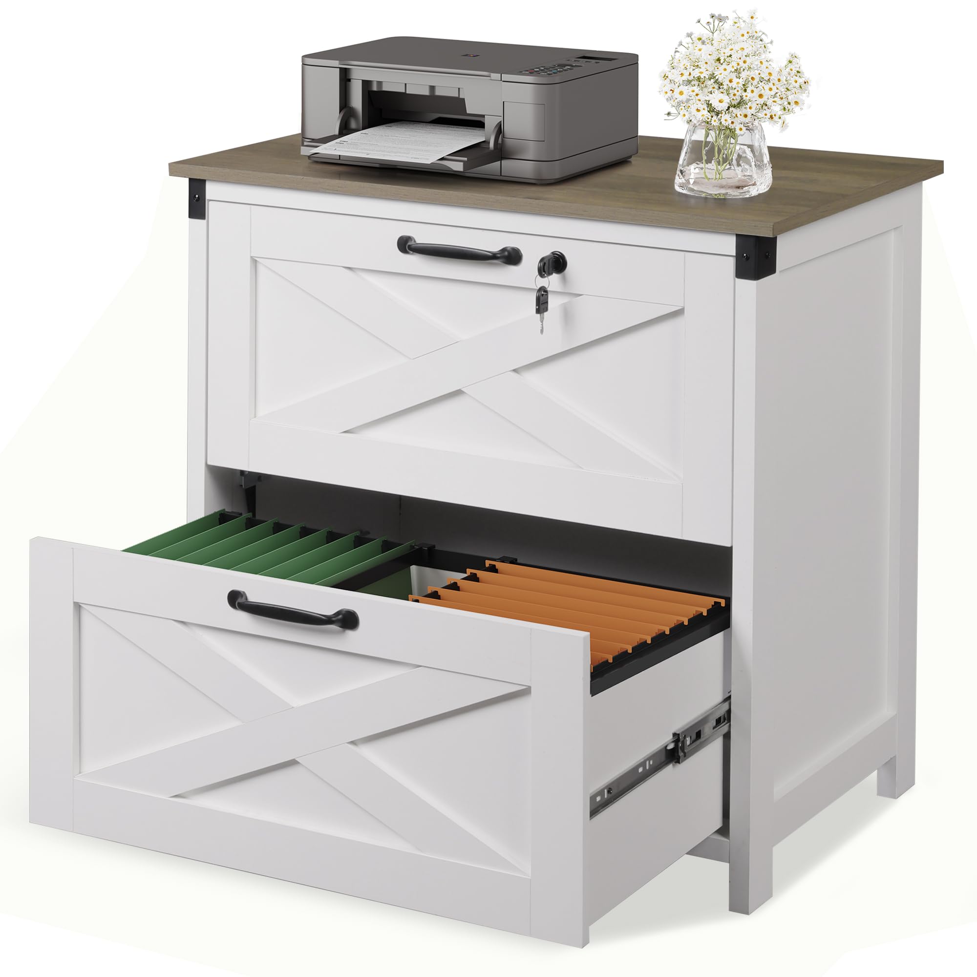 DEVAISE 2 Drawer File Cabinet with Lock, Wood Farmhouse Filing Cabinet for Home Office, Printer Stand Fits Letter and A4 Size, White