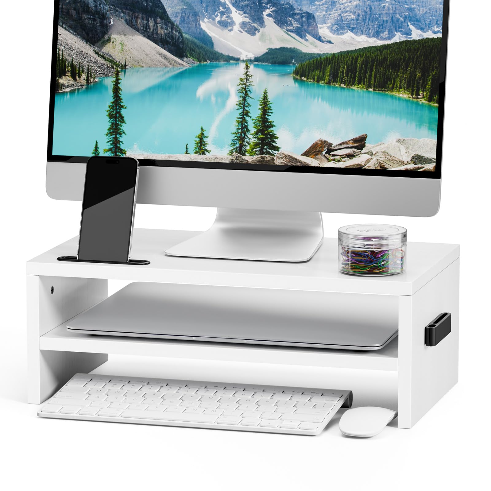 Marbrasse Monitor Stand Riser, 16.5 Inch 2 Tier Computer Printer Shelf Stand for Laptop Computer Screen Storage, Desktop Stand with Phone Holder and Cable Management Black