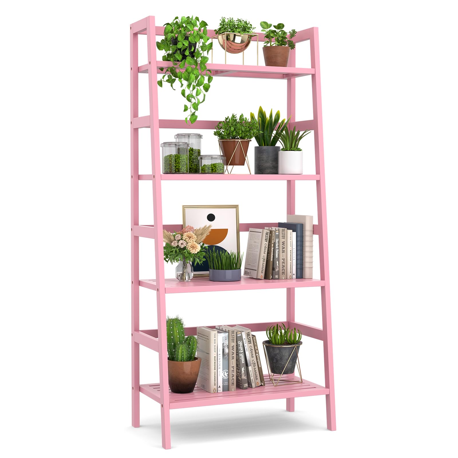 Homykic Ladder Shelf, 4-Tier Bamboo Ladder Bookshelf Small Bookcase, 49” Tall Open Display Shelves Wood Plant Stand Storage Rack for Living Room, Bathroom, Bedroom, Home Office