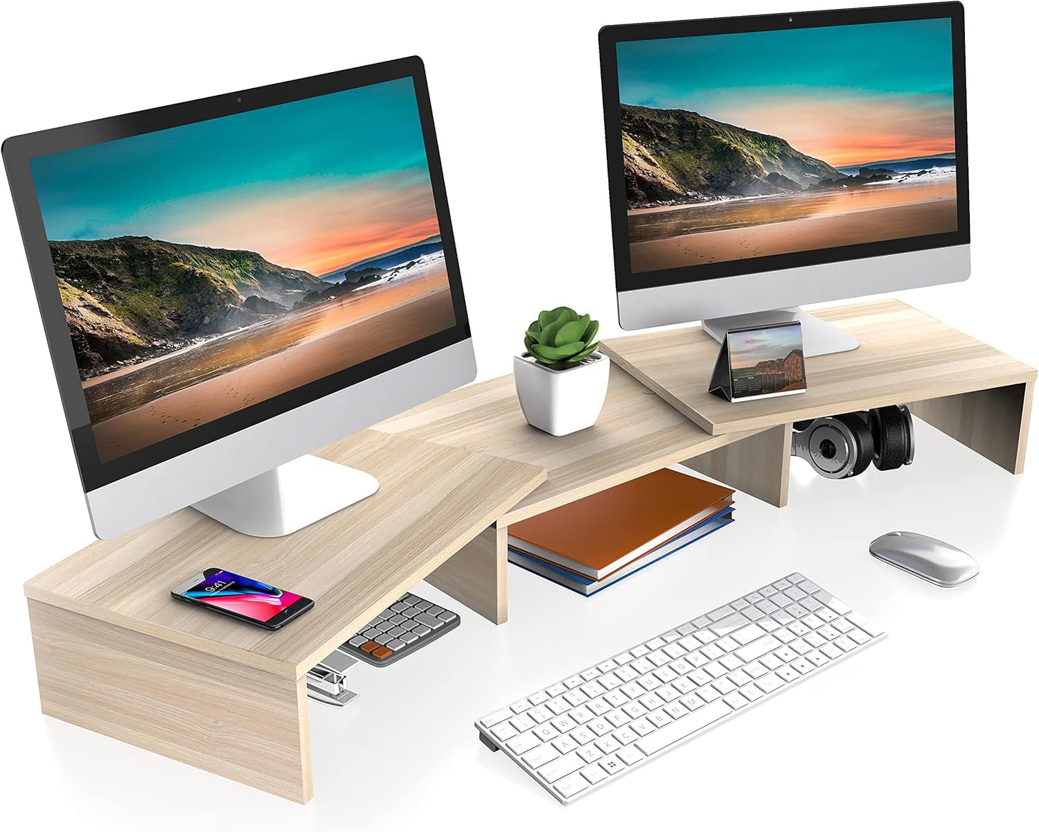 FITUEYES Dual Monitor Stand – 3 Shelf Computer Monitor Riser, Wood Desktop Stand with Adjustable Length and Angle, Desk Accessories, Office Supplies Medium Brown, DT108002WB