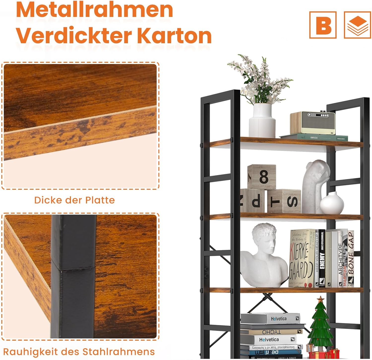 Sweetcrispy Book Shelf, 5 Tier Bookcase, Modern Tall Bookshelf Corner Storage Organizer for Garage Kit, CDs, Movies Suitable Home Office Bedroom, Kitchen, Living Room - Brown