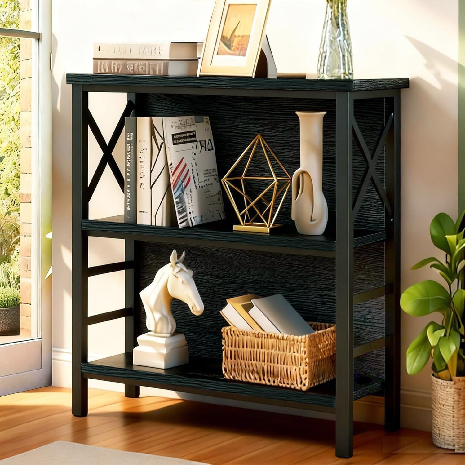 MNEETRUNG Small Bookshelf,3 Tier Industrial Bookcase with Metal Frame and Backboard,Low Rustic Brown Book Shelf,Book case for Small Spaces,Living Room,Bedroom and Home Office