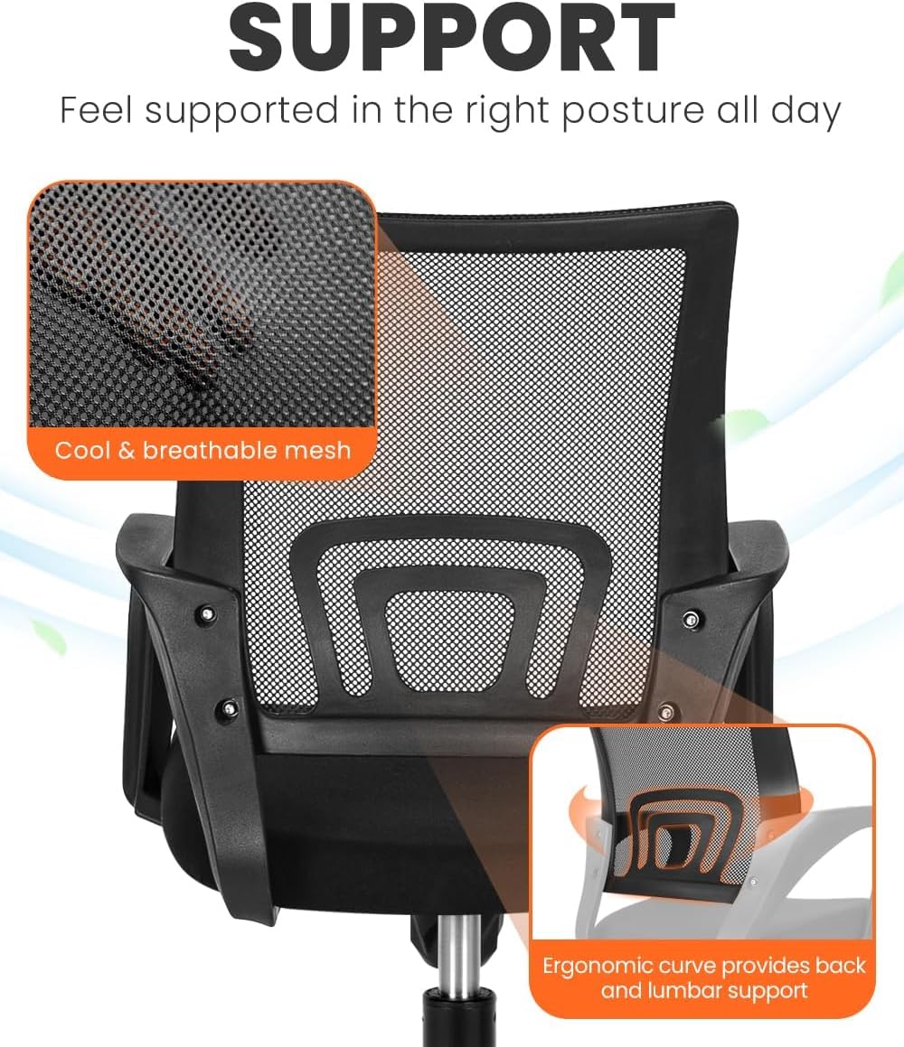 NEO CHAIR Office Desk Computer Chair Ergonomic Mesh Gaming Cushion Seat with Comfy Lumbar Mid Back Support Adjustable Height Swivel Rolling Wheels for Home Task (Black)