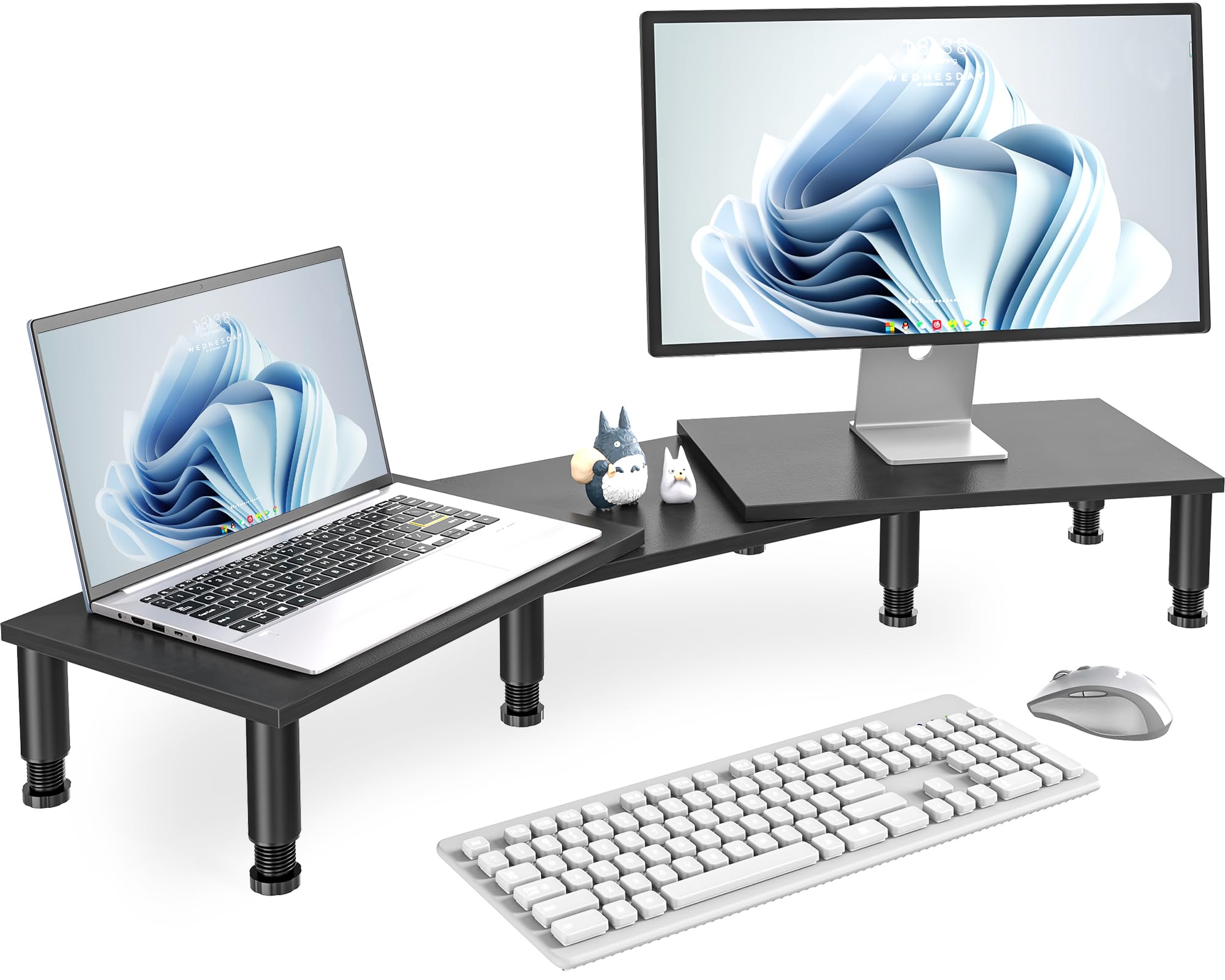 AX WABER Dual Monitor Stand Riser, Monitor Stand with Adjustable Length and Angle, Wood Monitor Stand for Desk, Monitor Riser for 2 Monitors with Storage Space
