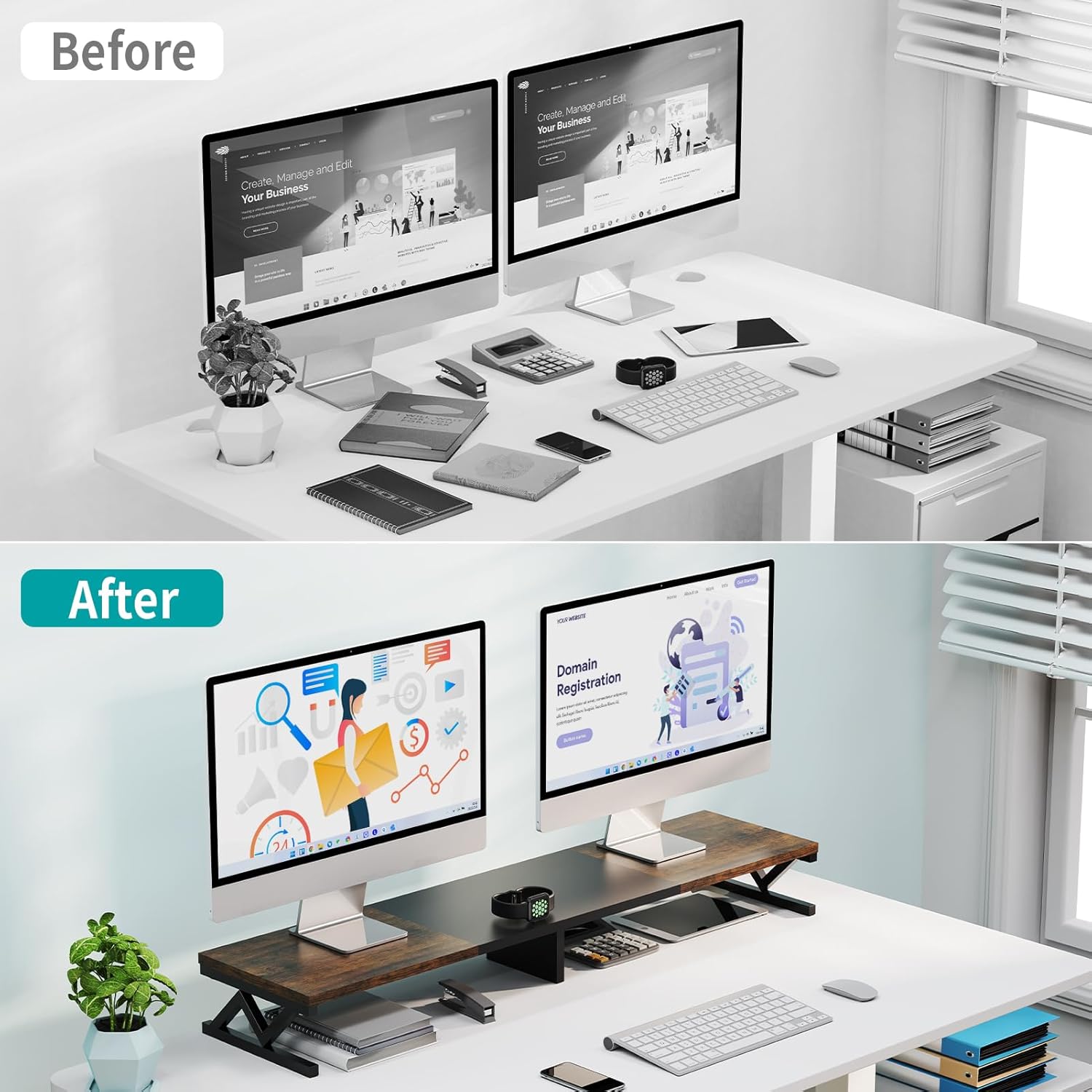 Dual Monitor Stand Riser, Large Wood Monitor Riser for 2 Monitors, Monitor Lift with Storage for Desk, Sturdy Wood&Steel Multi Screen Stand, Desktop Organizer Monitor Stand for Computer