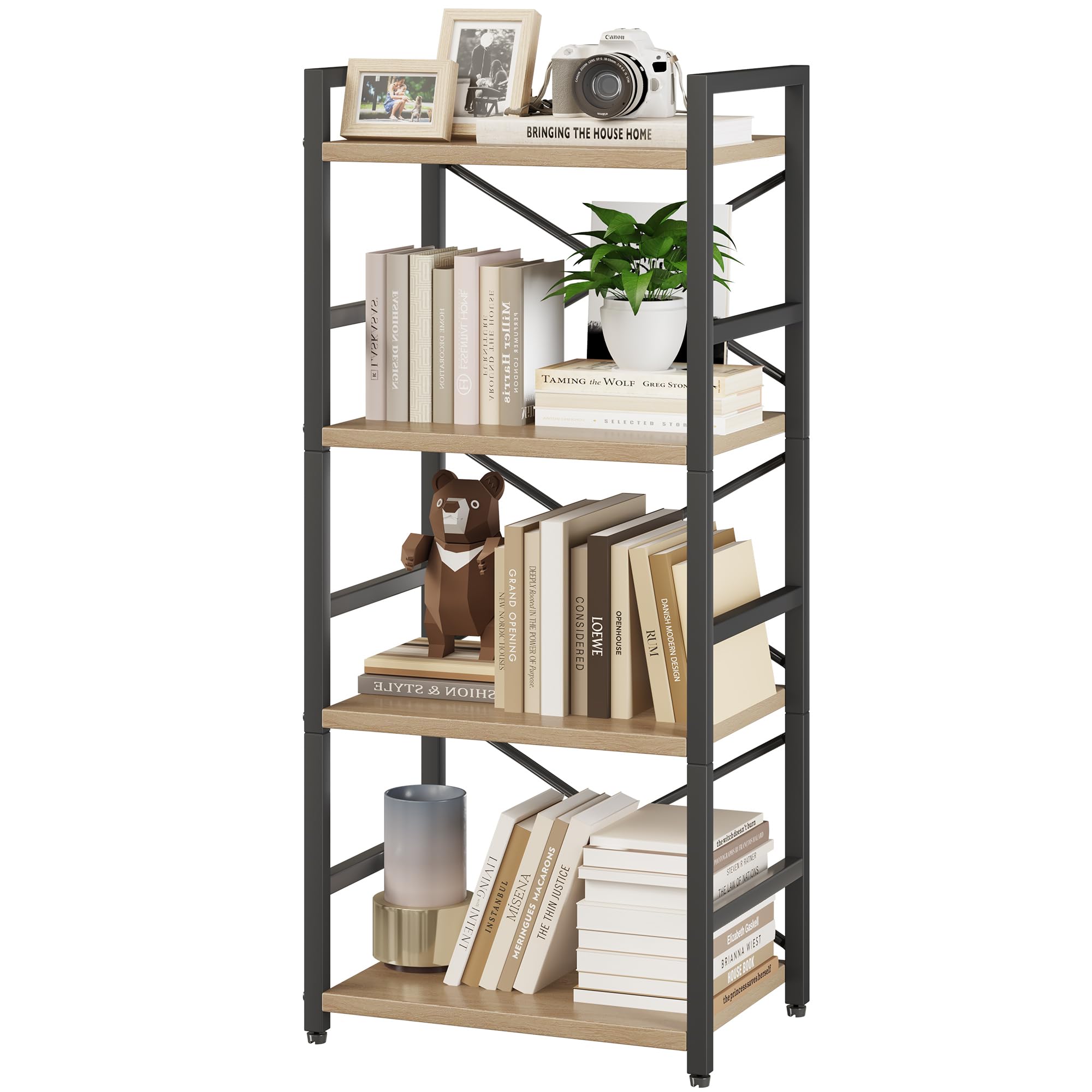 Homeiju Bookshelf, 3 Tier Industrial Bookcase, Metal Small Bookcase, Rustic Etagere Book Shelf Storage Organizer for Living Room, Bedroom, and Home Office(Rustic Brown) Patent Pending D29873033