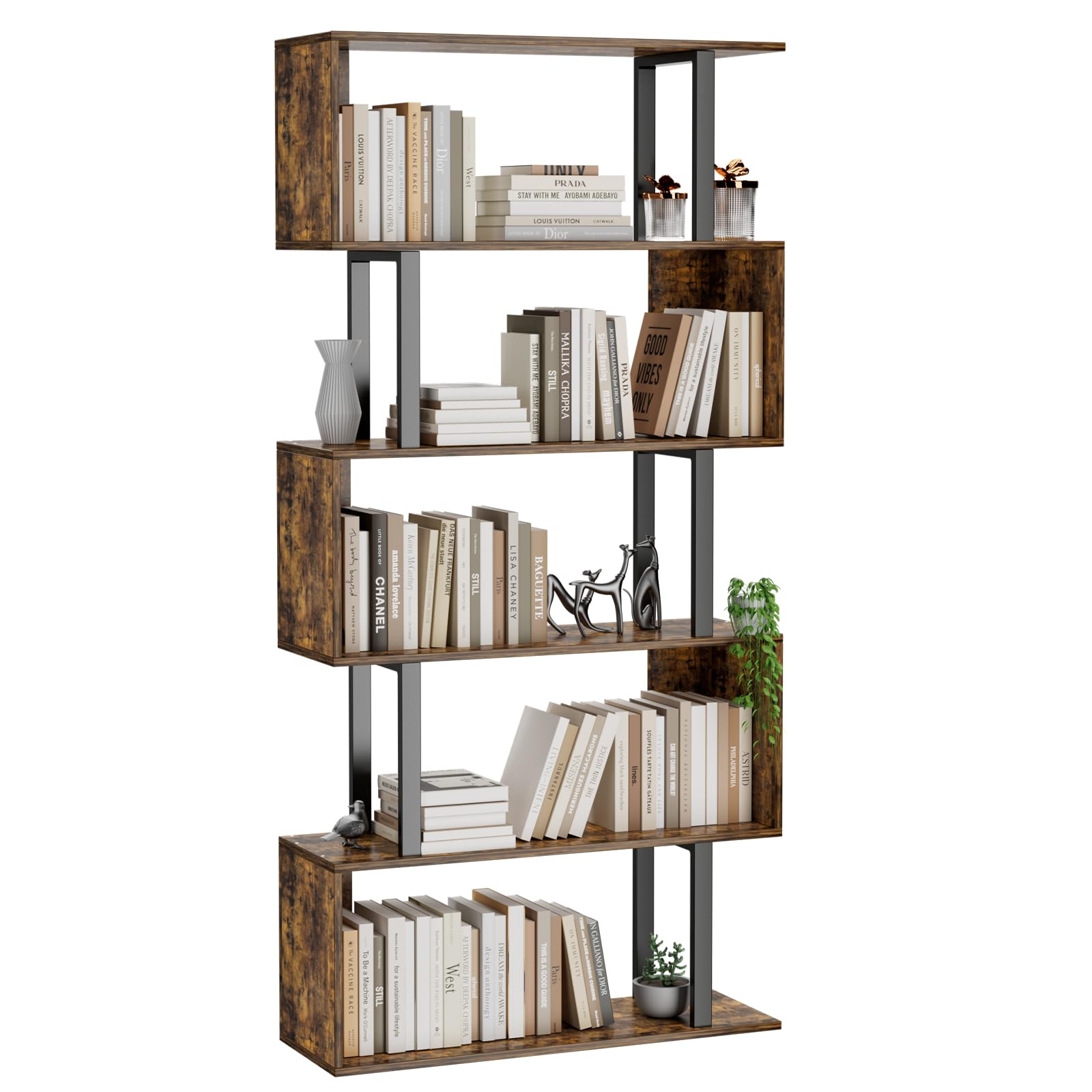 Gadroad 5 Tier Geometric Bookcase,S Shaped Bookshelf, Wood Decorative Storage Shelving, Modern Freestanding Display Shelves, Tall Book Shelf Unit for Living Room Bedroom, White