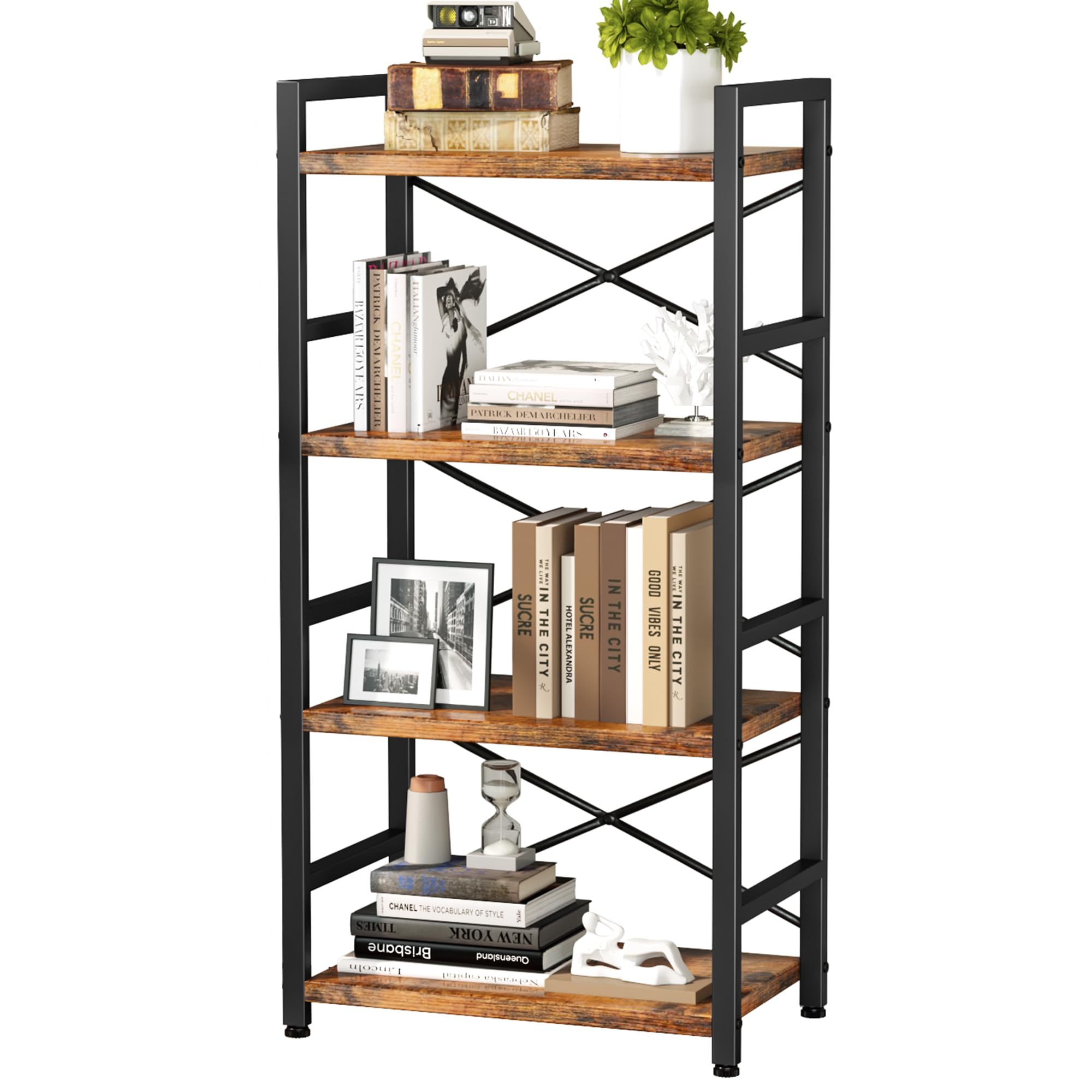 Homeiju Bookshelf, 3 Tier Industrial Bookcase, Metal Small Bookcase, Rustic Etagere Book Shelf Storage Organizer for Living Room, Bedroom, and Home Office(Rustic Brown) Patent Pending D29873033