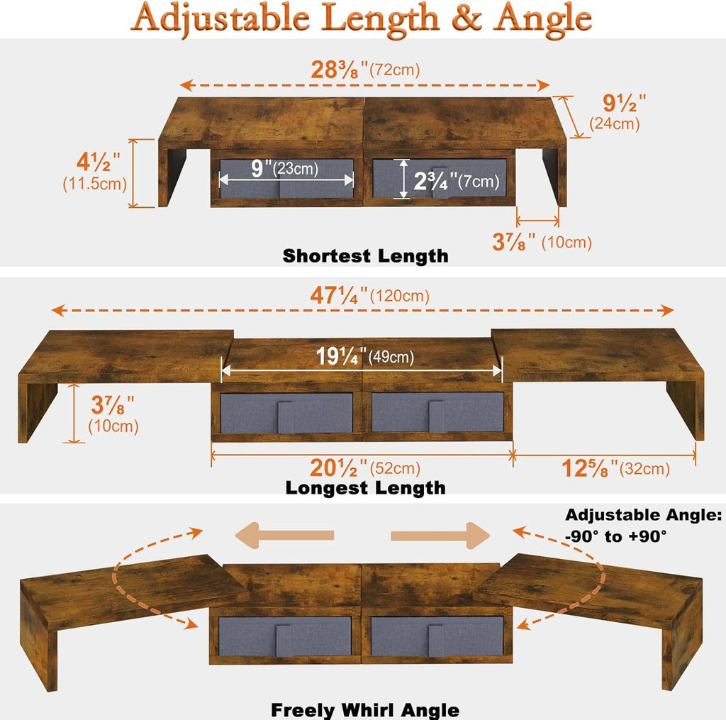 TEAMIX Dual Monitor Stand Riser - Length and Angle Adjustable White Monitor Stand with 2 Drawers to Storage Large Computer Riser for 2 Monitors/Laptop/PC, Wood Screen/TV Stand Desk Organizer (Brown)