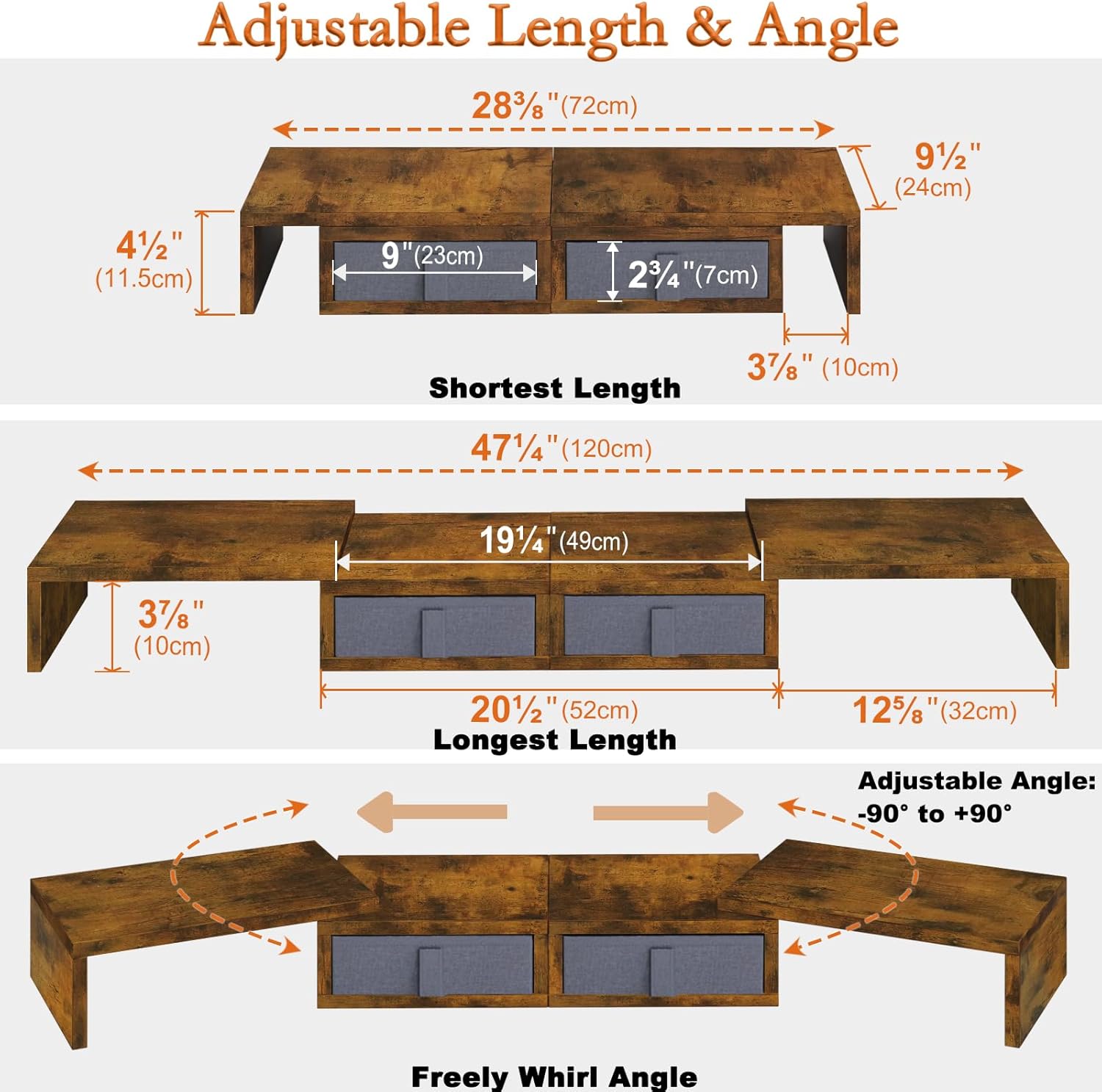 TEAMIX Dual Monitor Stand Riser - Length and Angle Adjustable White Monitor Stand with 2 Drawers to Storage Large Computer Riser for 2 Monitors/Laptop/PC, Wood Screen/TV Stand Desk Organizer (Brown)