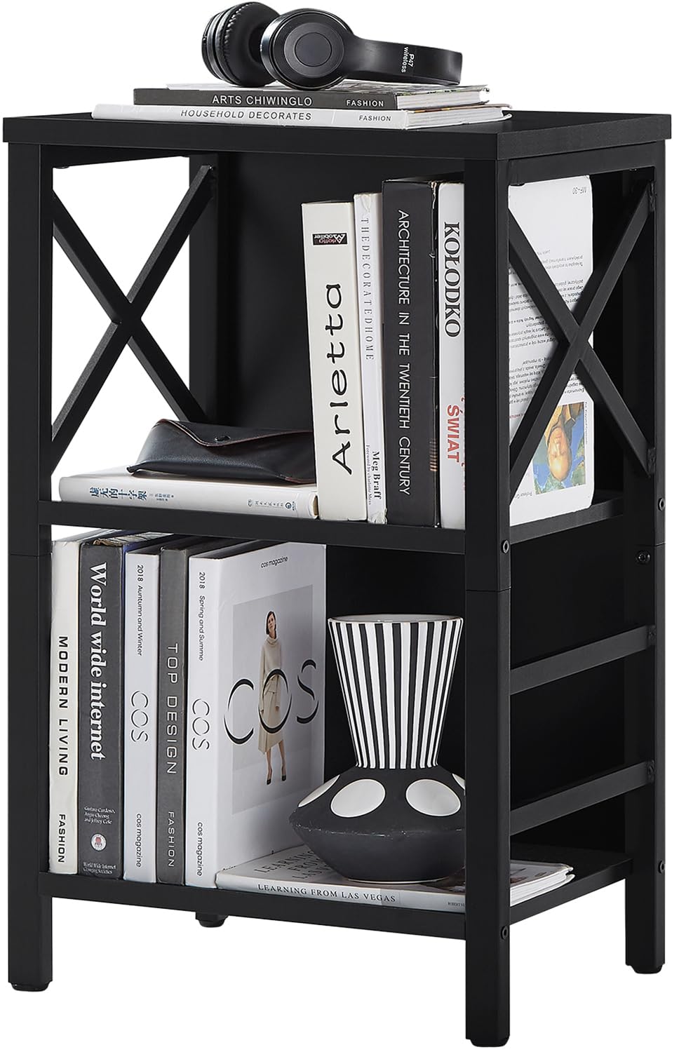 MNEETRUNG Small Bookshelf,3 Tier Industrial Bookcase with Metal Frame and Backboard,Low Rustic Brown Book Shelf,Book case for Small Spaces,Living Room,Bedroom and Home Office