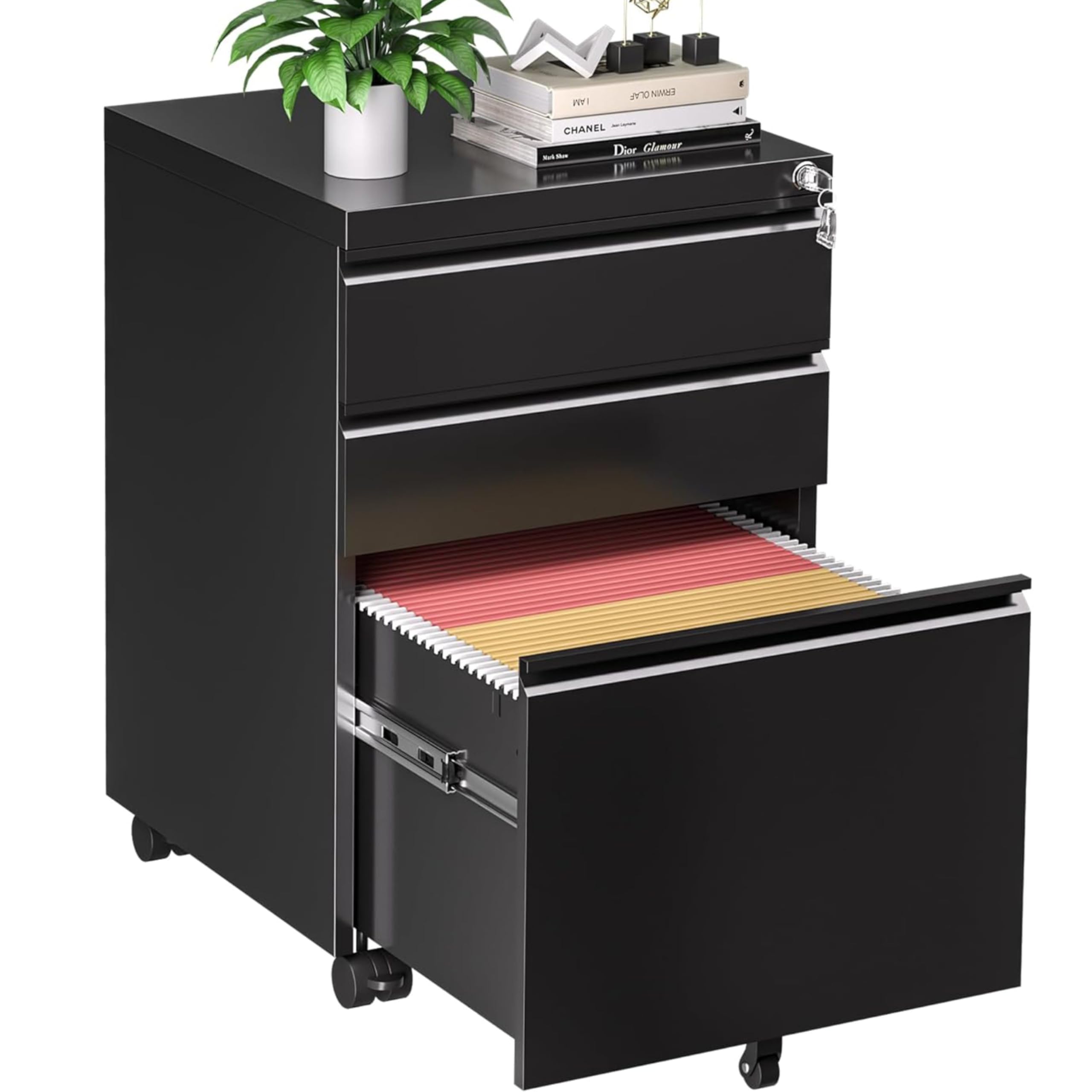 INTERGREAT 3 Drawer Filing Cabinet with Lock, White Mobile File Cabinet with Wheels, Rolling Small Metal Cabinets Under Desk for Home Office, Assembled