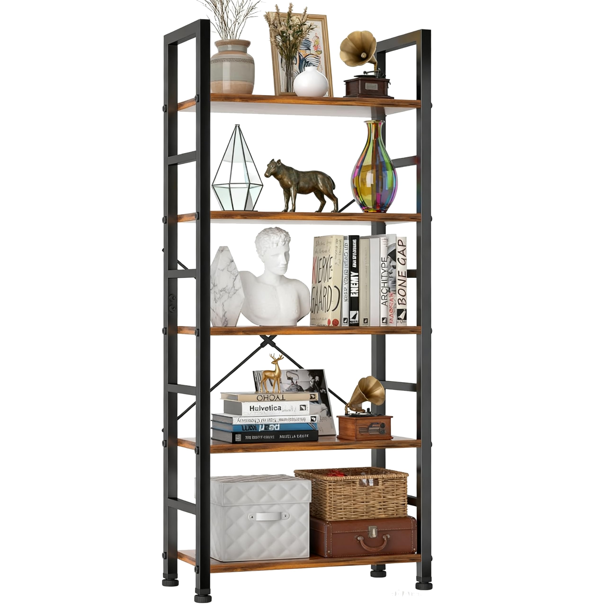 5 Tier Bookshelf, Free Standing Wooden Bookcase with Open Storage Shelves with Metal Frame, Sturdy Shelf Organization Display Rack for Living Room, Bedroom, Home Office, 62.2" Tall, Brown