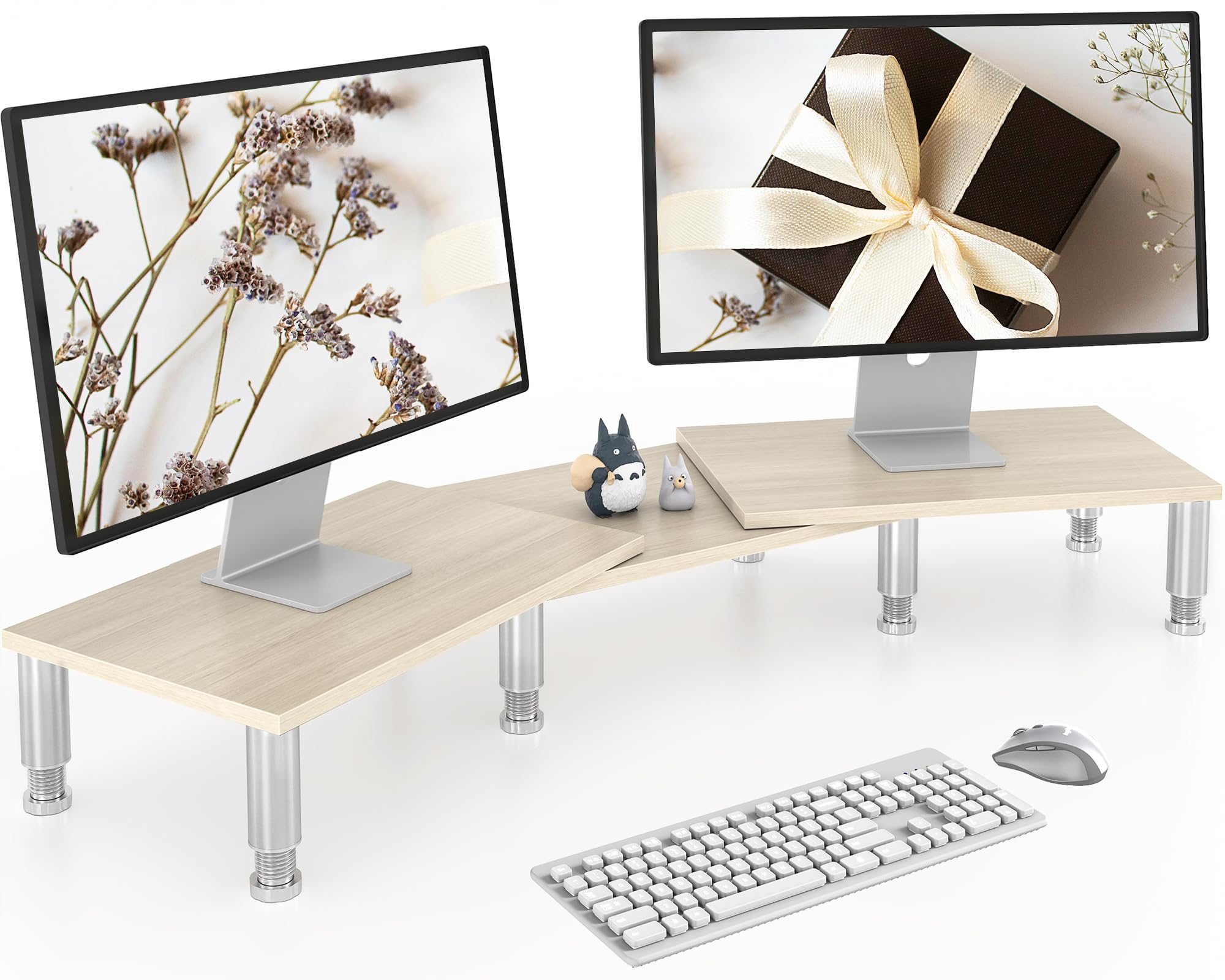 AX WABER Dual Monitor Stand Riser, Monitor Stand with Adjustable Length and Angle, Wood Monitor Stand for Desk, Monitor Riser for 2 Monitors with Storage Space