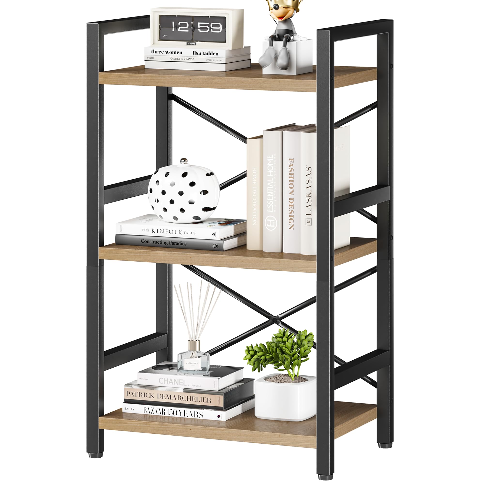 Homeiju Bookshelf, 3 Tier Industrial Bookcase, Metal Small Bookcase, Rustic Etagere Book Shelf Storage Organizer for Living Room, Bedroom, and Home Office(Rustic Brown) Patent Pending D29873033