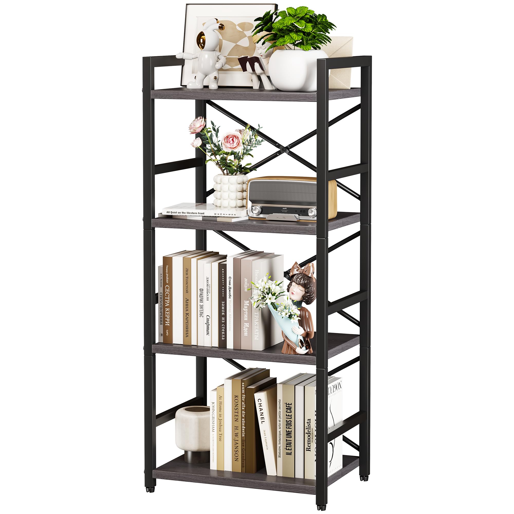 Homeiju Bookshelf, 3 Tier Industrial Bookcase, Metal Small Bookcase, Rustic Etagere Book Shelf Storage Organizer for Living Room, Bedroom, and Home Office(Rustic Brown) Patent Pending D29873033