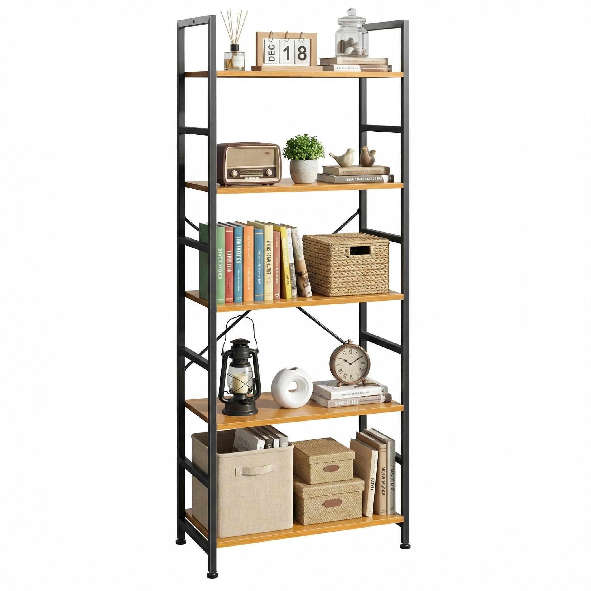 DUMOS 5 Tiers Bookshelf, Classical Modern Book Shelf, Tall Display Shelves in Living Room/Home/Office, Storage Organizer for CDs/Books/Movies, Rustic Brown