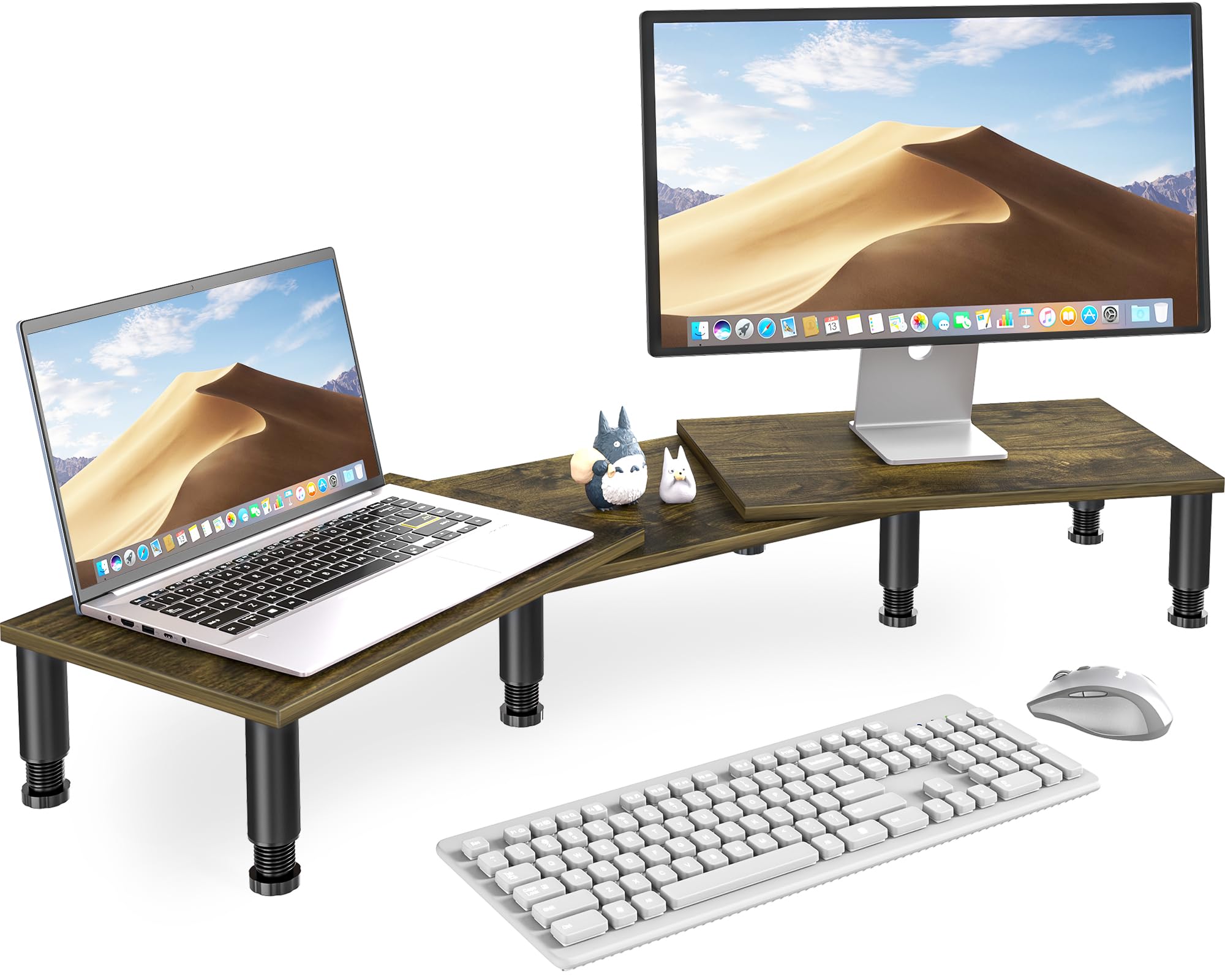 AX Waber Dual Monitor Riser - Adjustable Length & Angle, Wooden Stand for 2 Monitors with Storage
