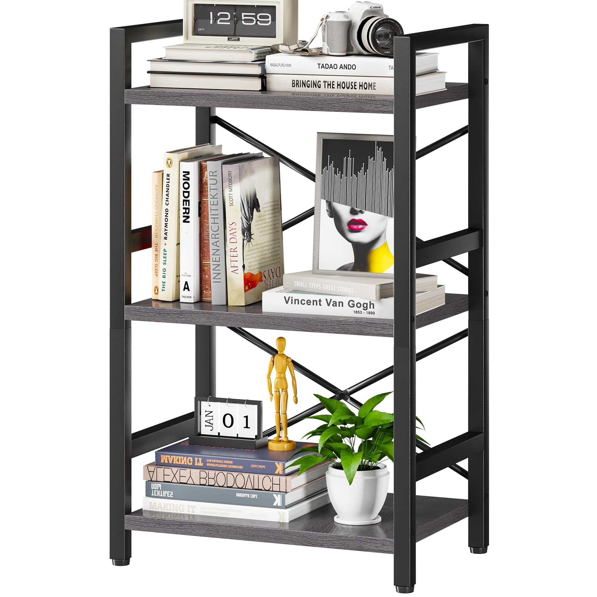 Homeiju Bookshelf, 3 Tier Industrial Bookcase, Metal Small Bookcase, Rustic Etagere Book Shelf Storage Organizer for Living Room, Bedroom, and Home Office(Rustic Brown) Patent Pending D29873033