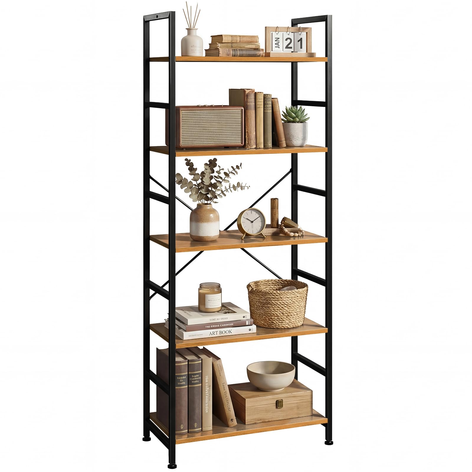 5 Tier Bookshelf, Free Standing Wooden Bookcase with Open Storage Shelves with Metal Frame, Sturdy Shelf Organization Display Rack for Living Room, Bedroom, Home Office, 62.2" Tall, Brown