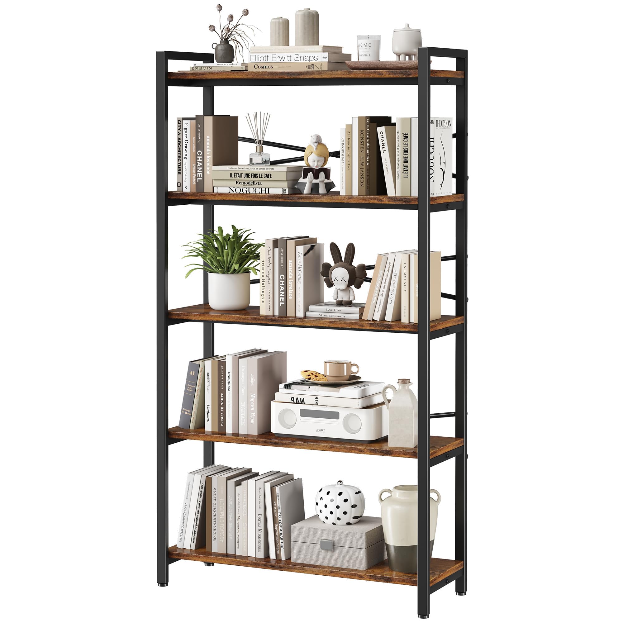 Homeiju Bookshelf, 3 Tier Industrial Bookcase, Metal Small Bookcase, Rustic Etagere Book Shelf Storage Organizer for Living Room, Bedroom, and Home Office(Rustic Brown) Patent Pending D29873033