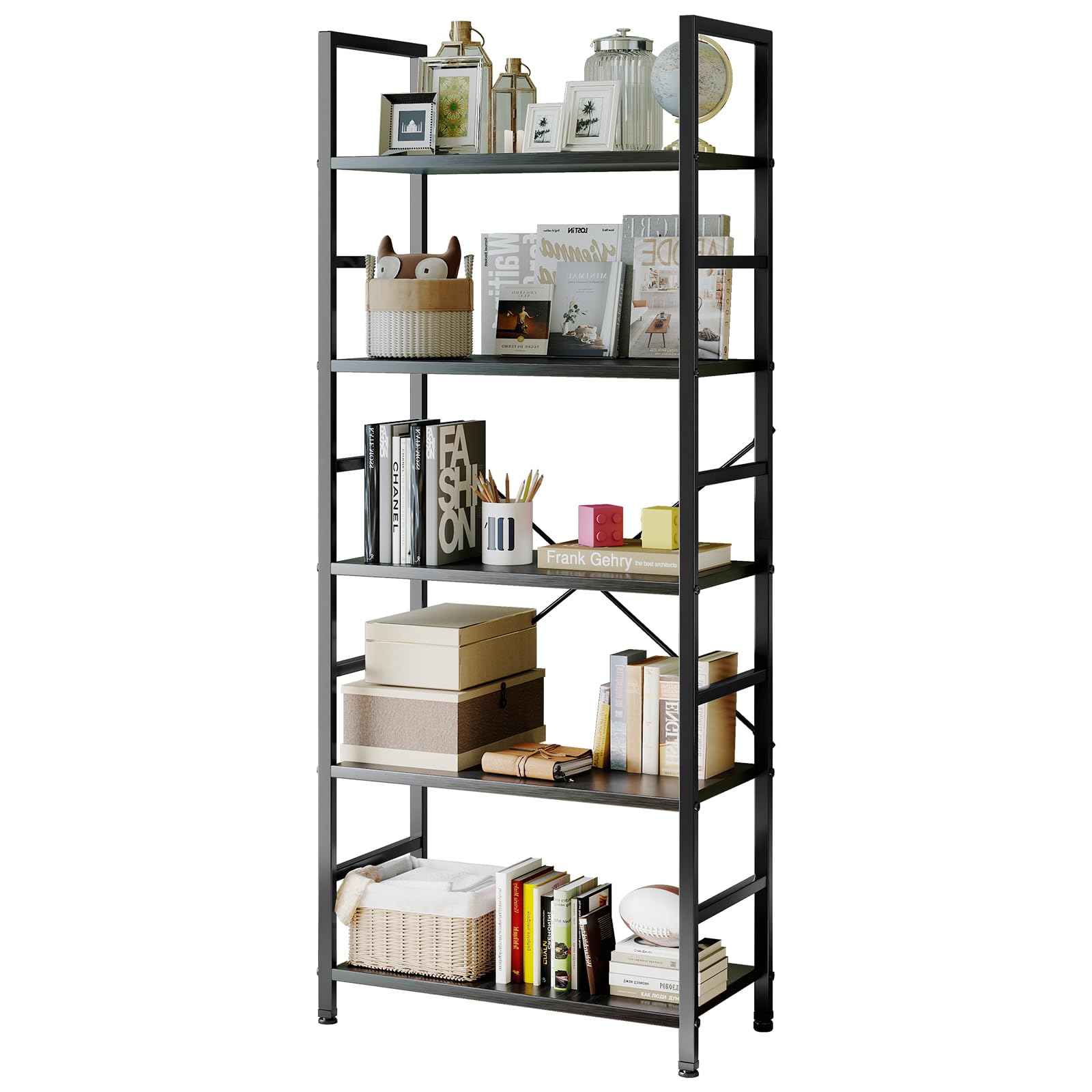 Sweetcrispy Book Shelf, 5 Tier Bookcase, Modern Tall Bookshelf Corner Storage Organizer for Garage Kit, CDs, Movies Suitable Home Office Bedroom, Kitchen, Living Room - Brown