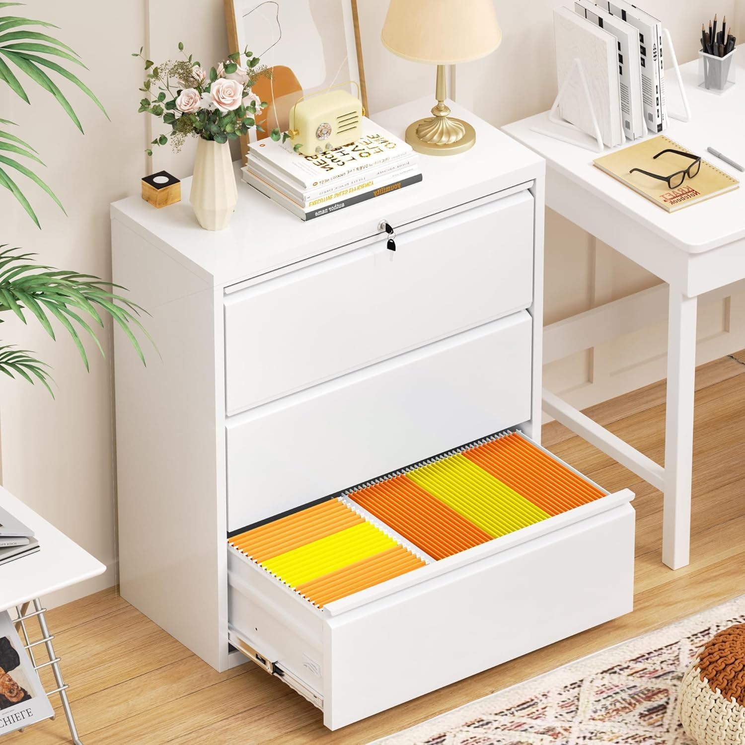 INTERGREAT 3 Drawer Filing Cabinet with Lock, White Mobile File Cabinet with Wheels, Rolling Small Metal Cabinets Under Desk for Home Office, Assembled