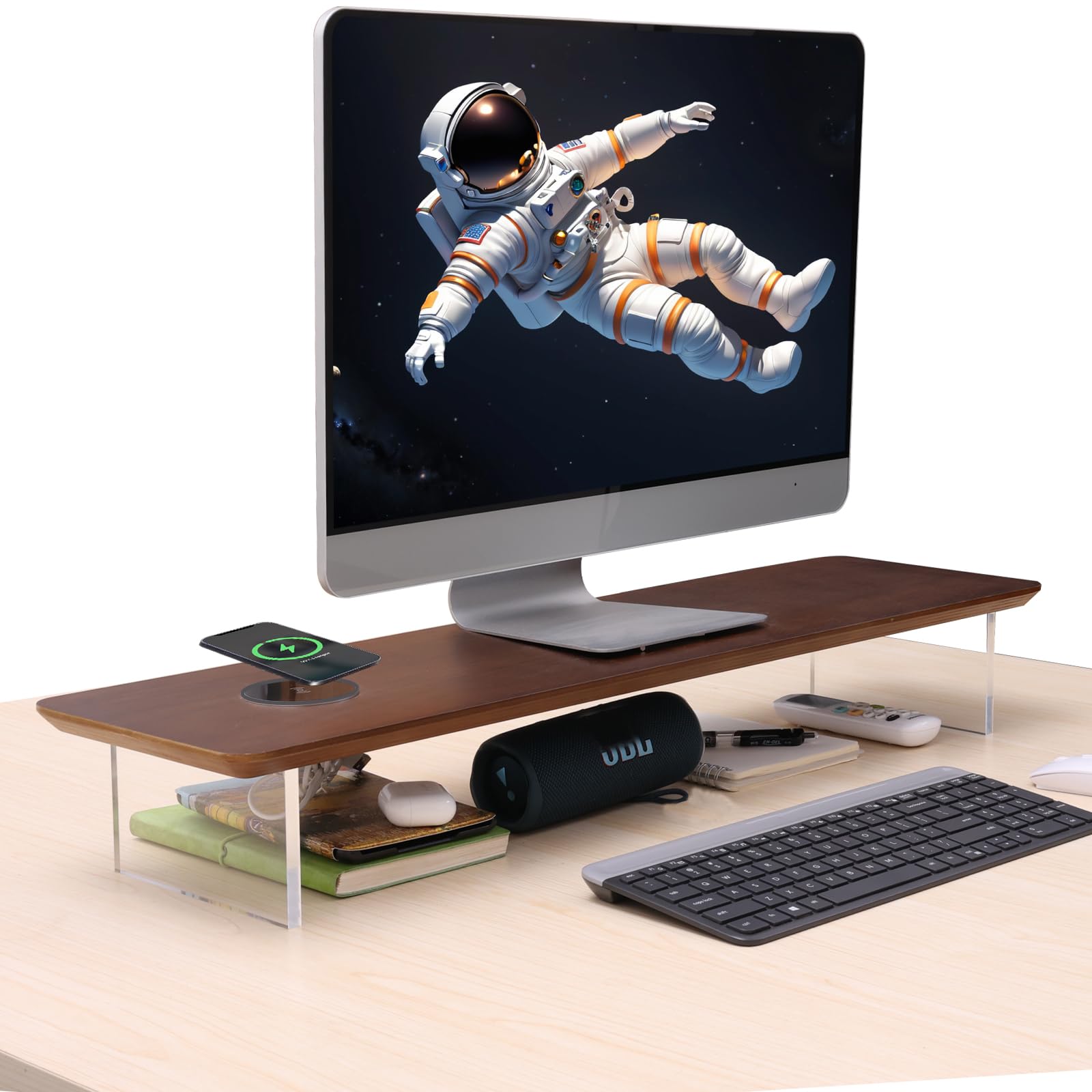 SUIBIAN Black Monitor Stand Riser with Wireless Charging 31.5Inch Large, Computer Monitor Stand,Wooden Desktop Organizer Shelf for Office Desk Computer,Laptop,TV (Black Oak)