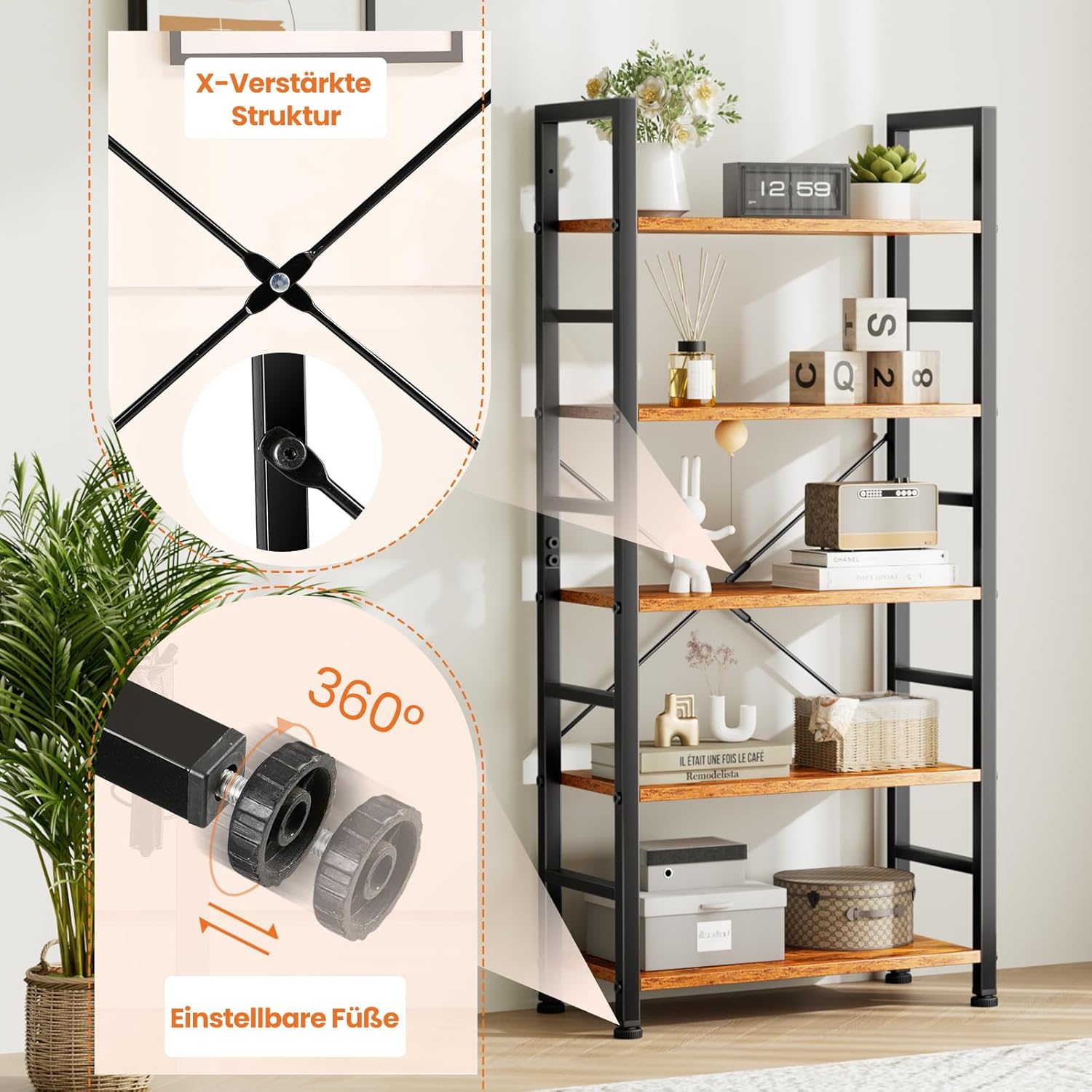 Sweetcrispy Book Shelf, 5 Tier Bookcase, Modern Tall Bookshelf Corner Storage Organizer for Garage Kit, CDs, Movies Suitable Home Office Bedroom, Kitchen, Living Room - Brown