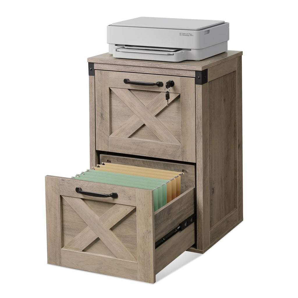 DEVAISE 2 Drawer File Cabinet with Lock, Wood Farmhouse Filing Cabinet for Home Office, Printer Stand Fits Letter and A4 Size, White