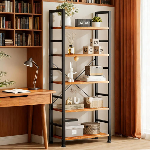 5 Tier Bookshelf, Free Standing Wooden Bookcase with Open Storage Shelves with Metal Frame, Sturdy Shelf Organization Display Rack for Living Room, Bedroom, Home Office, 62.2" Tall, Brown