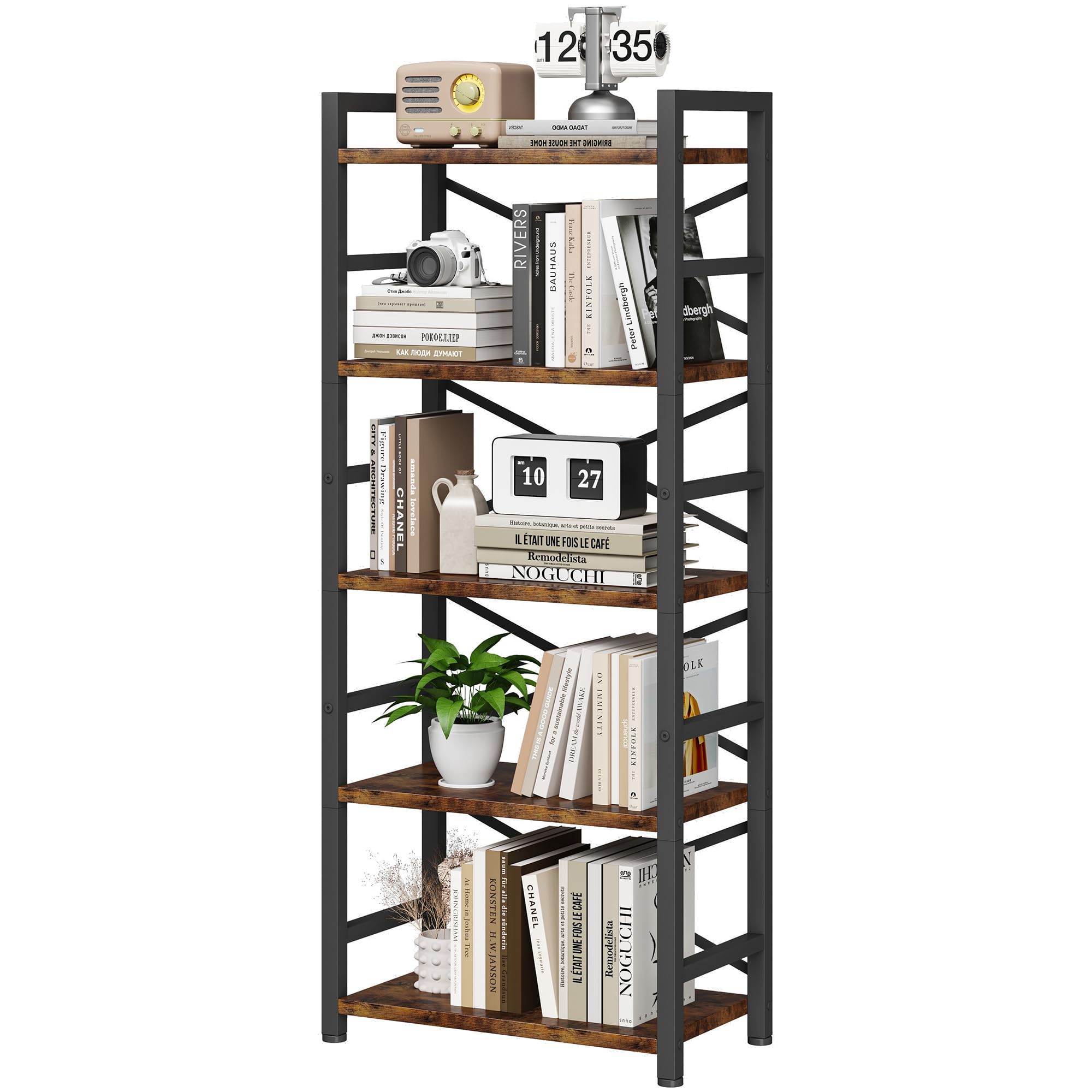 Homeiju Bookshelf, 3 Tier Industrial Bookcase, Metal Small Bookcase, Rustic Etagere Book Shelf Storage Organizer for Living Room, Bedroom, and Home Office(Rustic Brown) Patent Pending D29873033
