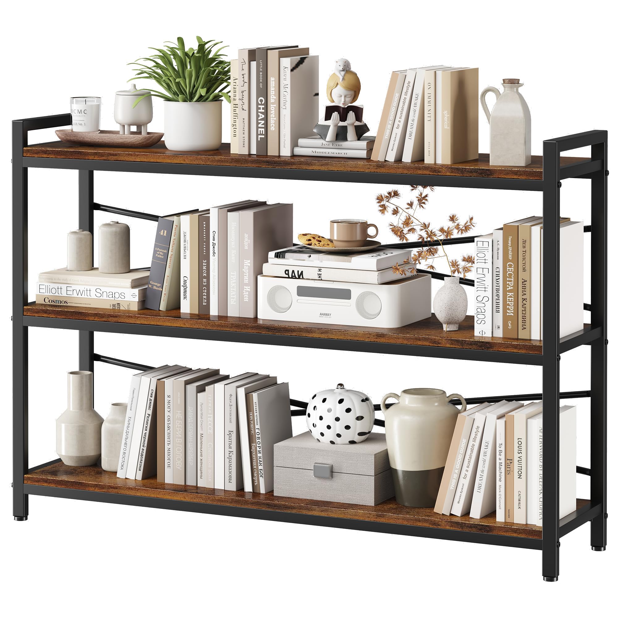 Homeiju Bookshelf, 3 Tier Industrial Bookcase, Metal Small Bookcase, Rustic Etagere Book Shelf Storage Organizer for Living Room, Bedroom, and Home Office(Rustic Brown) Patent Pending D29873033