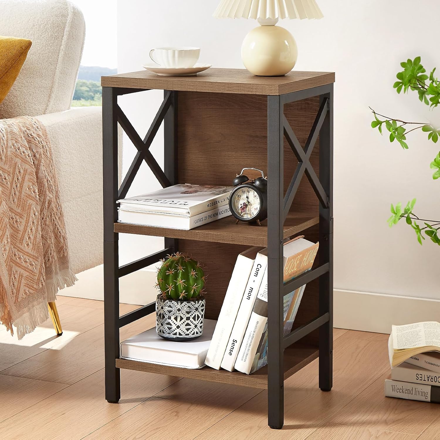 MNEETRUNG Small Bookshelf,3 Tier Industrial Bookcase with Metal Frame and Backboard,Low Rustic Brown Book Shelf,Book case for Small Spaces,Living Room,Bedroom and Home Office